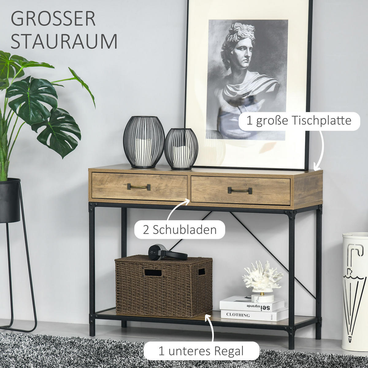 KONSOLENTISCH, 2 Schubladen, 100 x 35 x 76,5 cm - Schwarz/Braun, Holzwerkstoff/Metall (100/35/76.5cm) - HOMCOM