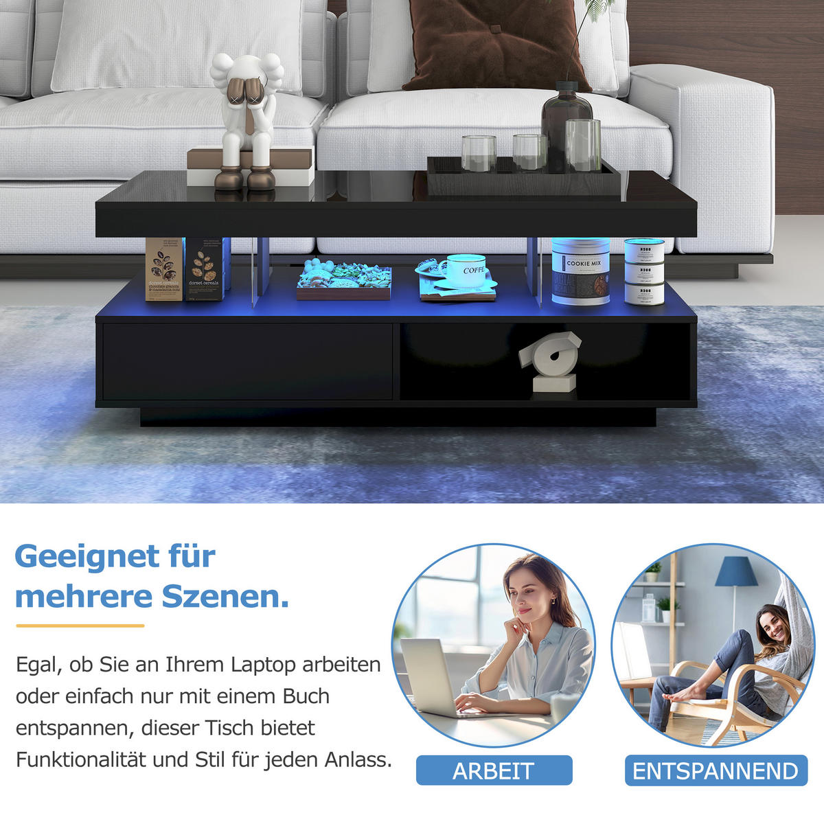 COUCHTISCH Kommode mit LED und App Steuerung,Schubladen und Fächer Hochglanz Design - Schwarz, Holzwerkstoff (95/50/42.5cm) - EVRYAE
