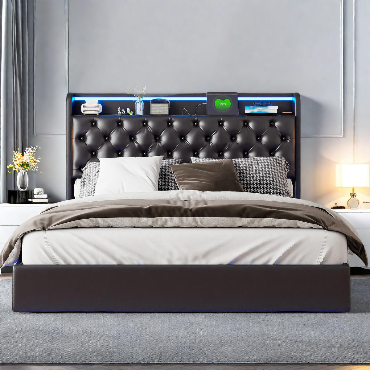 POLSTERBETT 160x200 PU LED - Schwarz, Metall (160/200cm) - SHOPENTRA