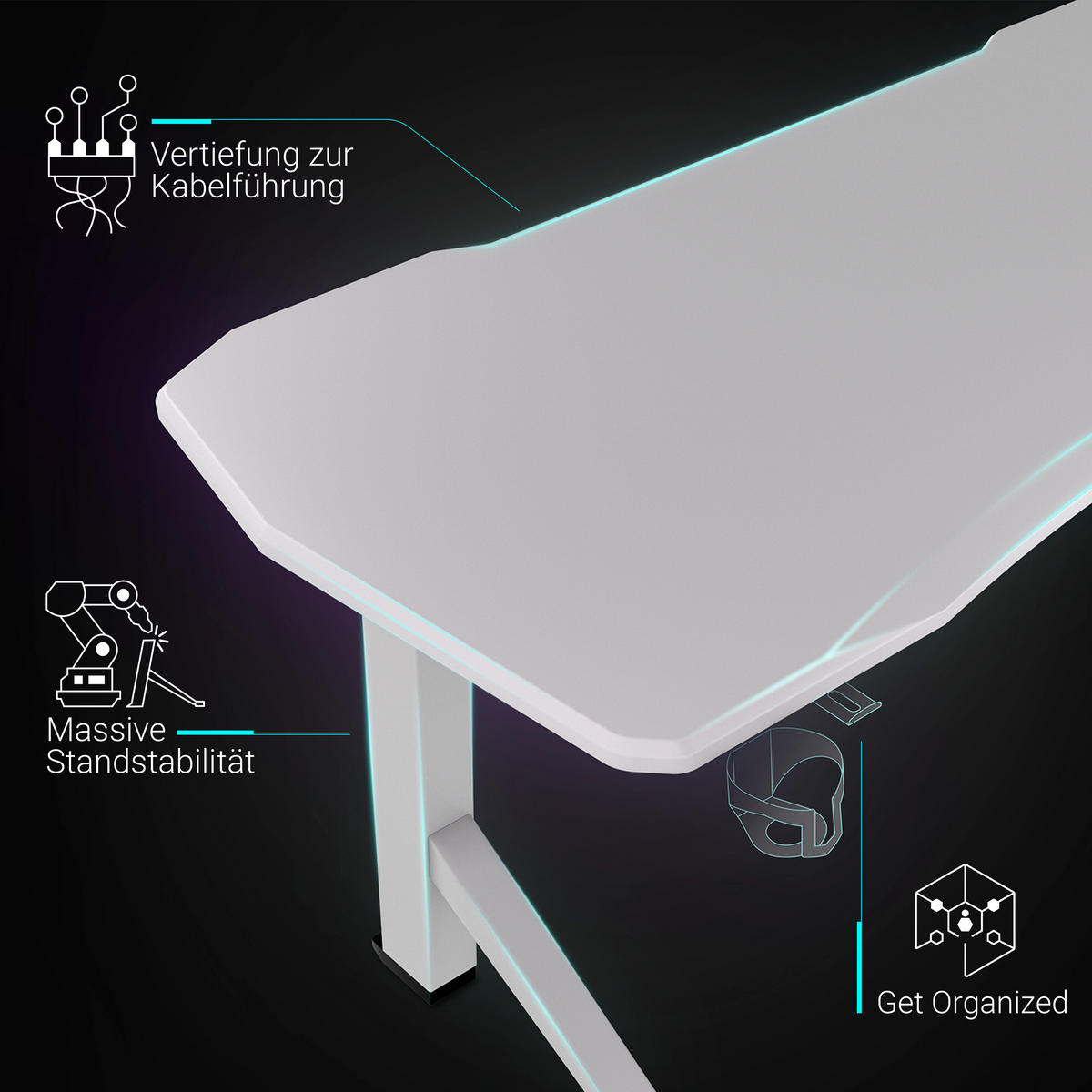 GAMING Tisch höhenverstellbar elektrisch 180x80 cm, Weiß - Weiß, Kunststoff (180/80/120cm) - Ultimate Setup