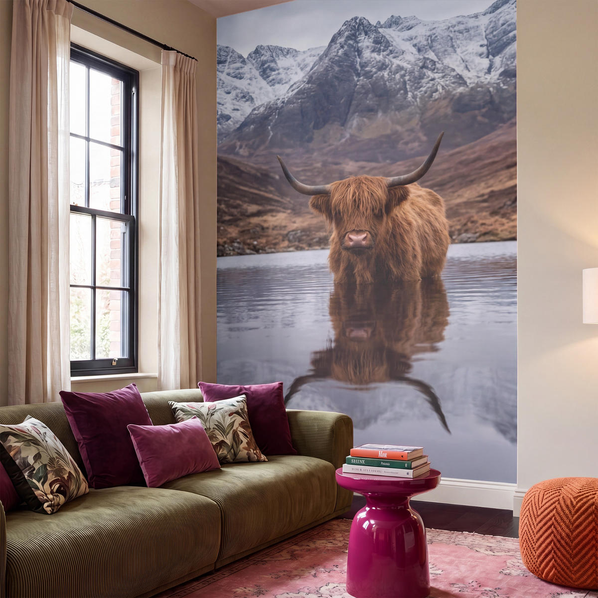 TAPETE - Schottischer Hochländer - Braun - Wasser - 180x300 cm - Braun, Papier (180/300cm) - OnlyWow