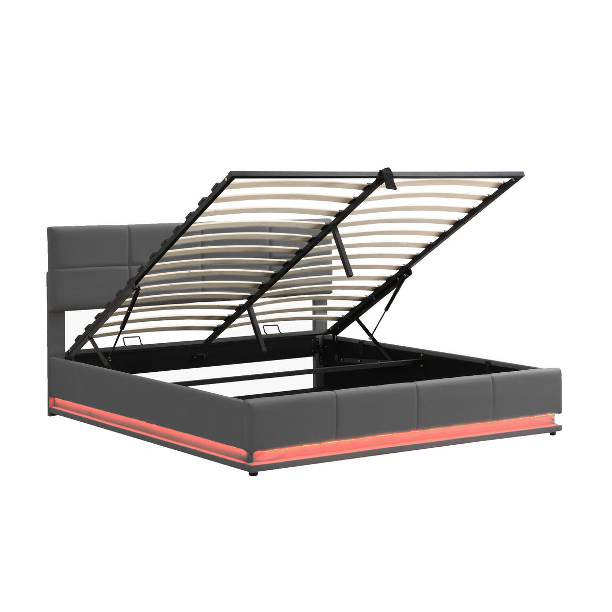 POLSTERBETT 180/200 cm graues Kunstleder mit LED-Beleuchtung und hydraulischem Bettstauraum - Dunkelgrau, Kunststoff (180/200cm) - OKWISH