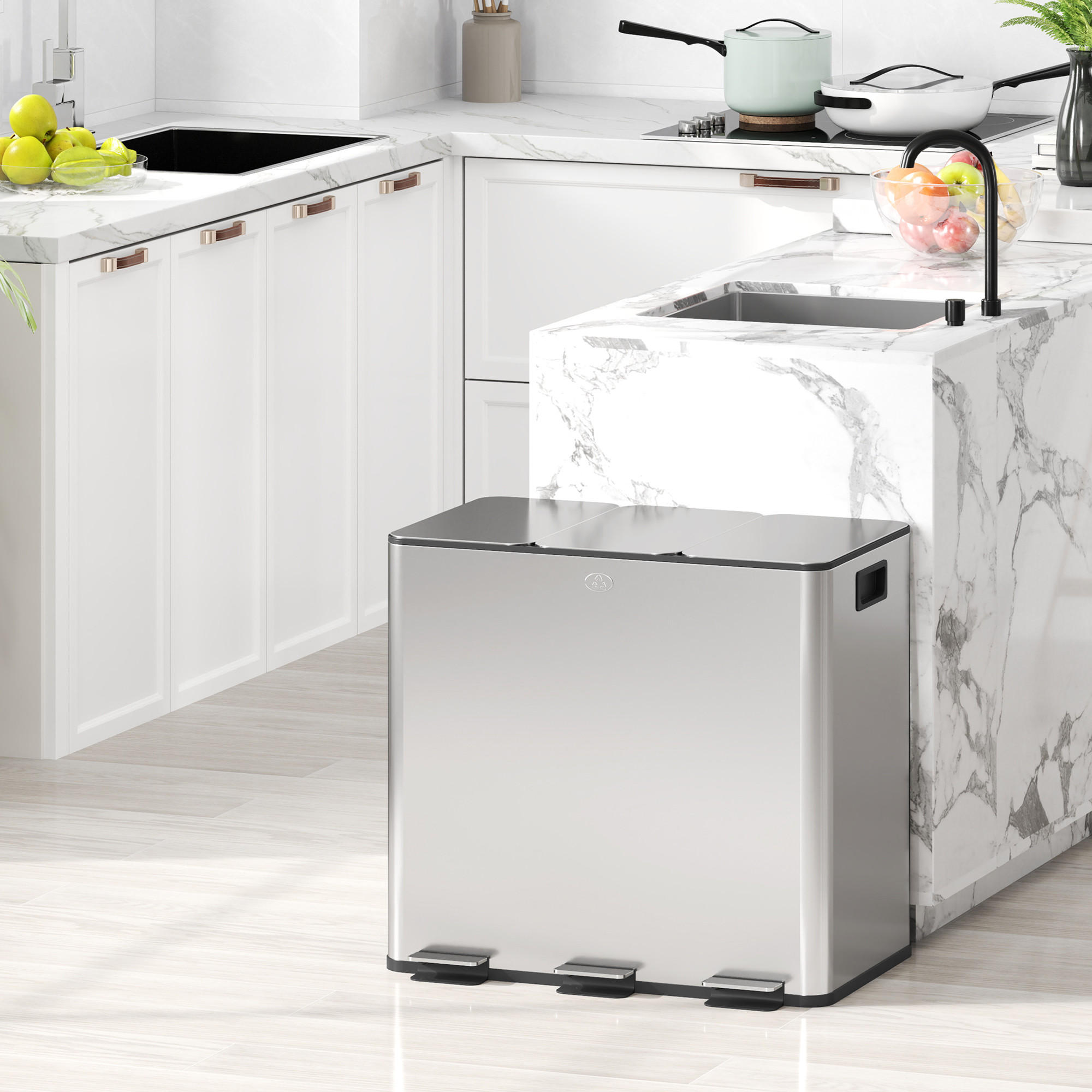 MÜLLEIMER 3x20L Abfalleimer aus Edelstahl mit Softclose Deckel Deodorant-Fächern - Silberfarben, Metall (36.6/43.2/61.9cm) - HOMCOM