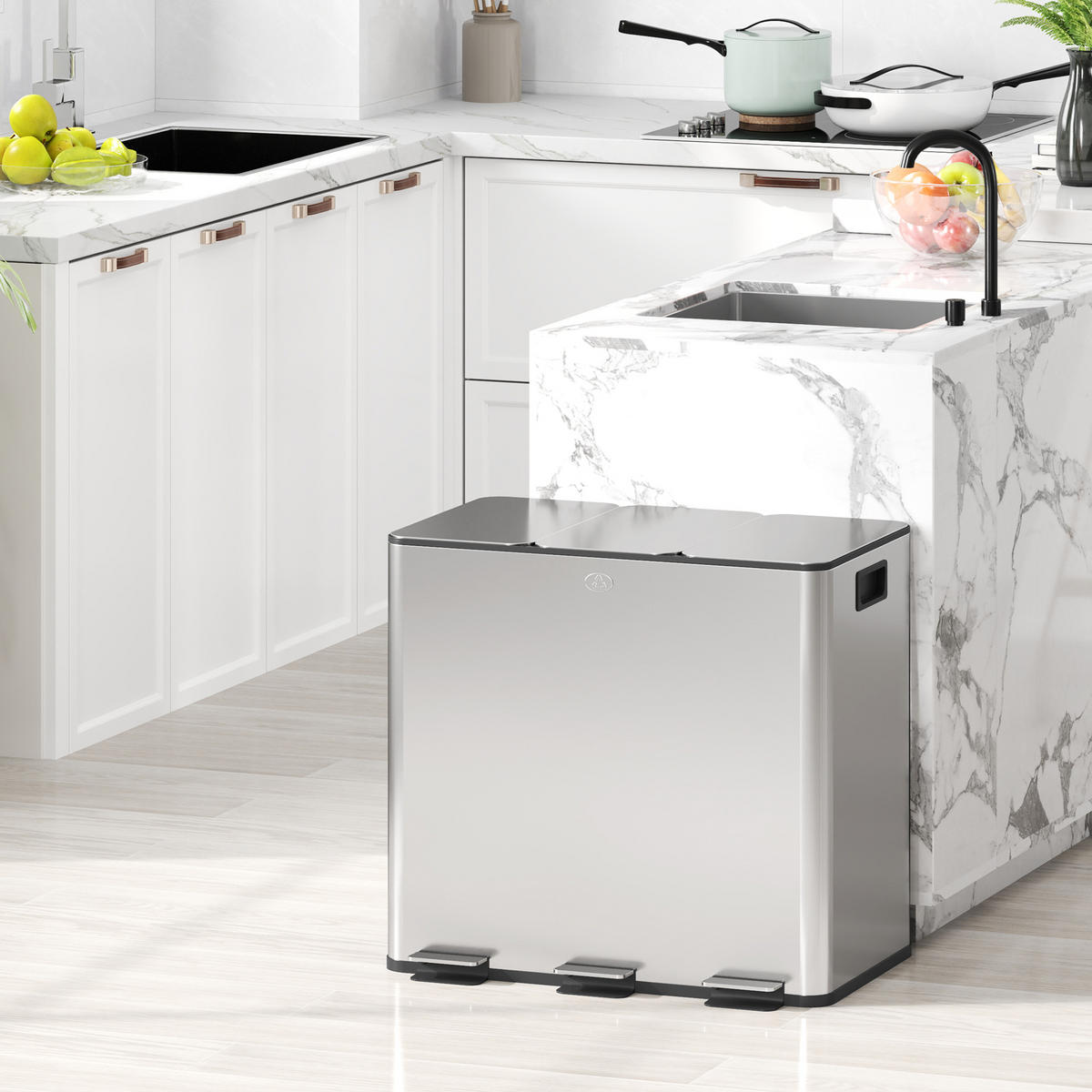 MÜLLEIMER 3x20L Abfalleimer aus Edelstahl mit Softclose Deckel Deodorant-Fächern - Silberfarben, Metall (36.6/43.2/61.9cm) - HOMCOM