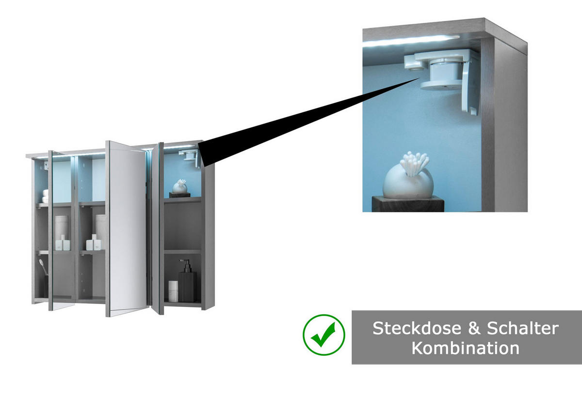 SPIEGELSCHRANK Bad 100 cm GRAU mit LED-Beleuchtung & Steckdose - Grau, Holzwerkstoff (100/68/15cm) - Aileenstore