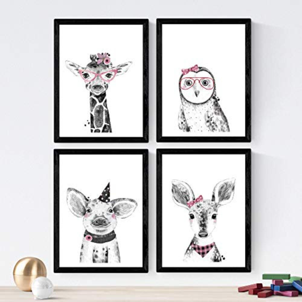 POSTER Set mit 4 „Tiere mit rosa und schwarz Accessoires“ A3 Rahmenlos - Klar, Papier (29.7/3cm) - Nacnic