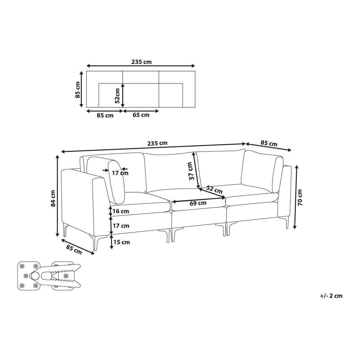 3-SITZER-MODULSOFA Samtstoff Grau mit Metallbeinen Evja - Grau, Textil (235/84/85cm) - Beliani