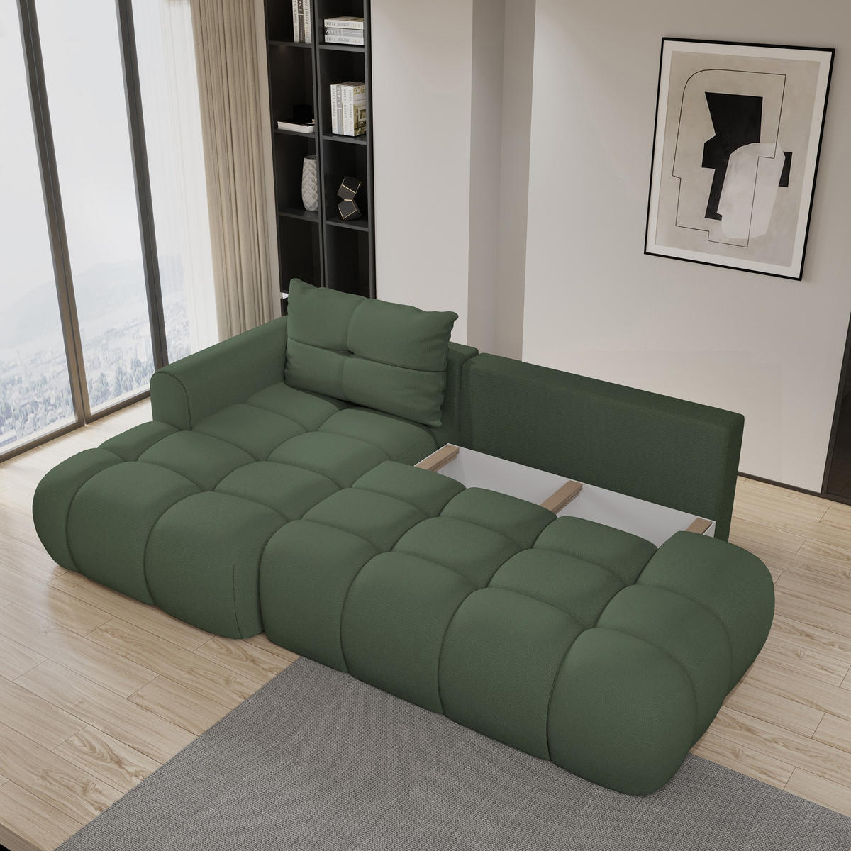 ECKSOFA FLUMA L-S Grün Geflochtener Stoff mit Schlaffunktion - Grün, Holz (274/165cm) - MASSENO