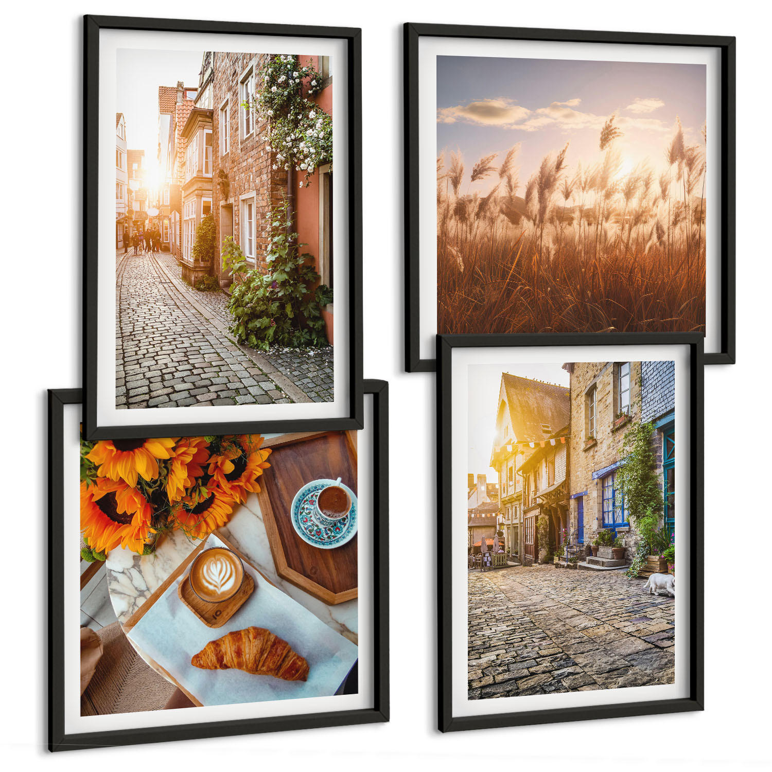 BILDER SET 4er Set - 50x50 cm & 40x60 cm Schwarzer Rahmen - Charmante Straßen mit Kaffee - Schwarz, Kunststoff (50/50cm) - TULUP