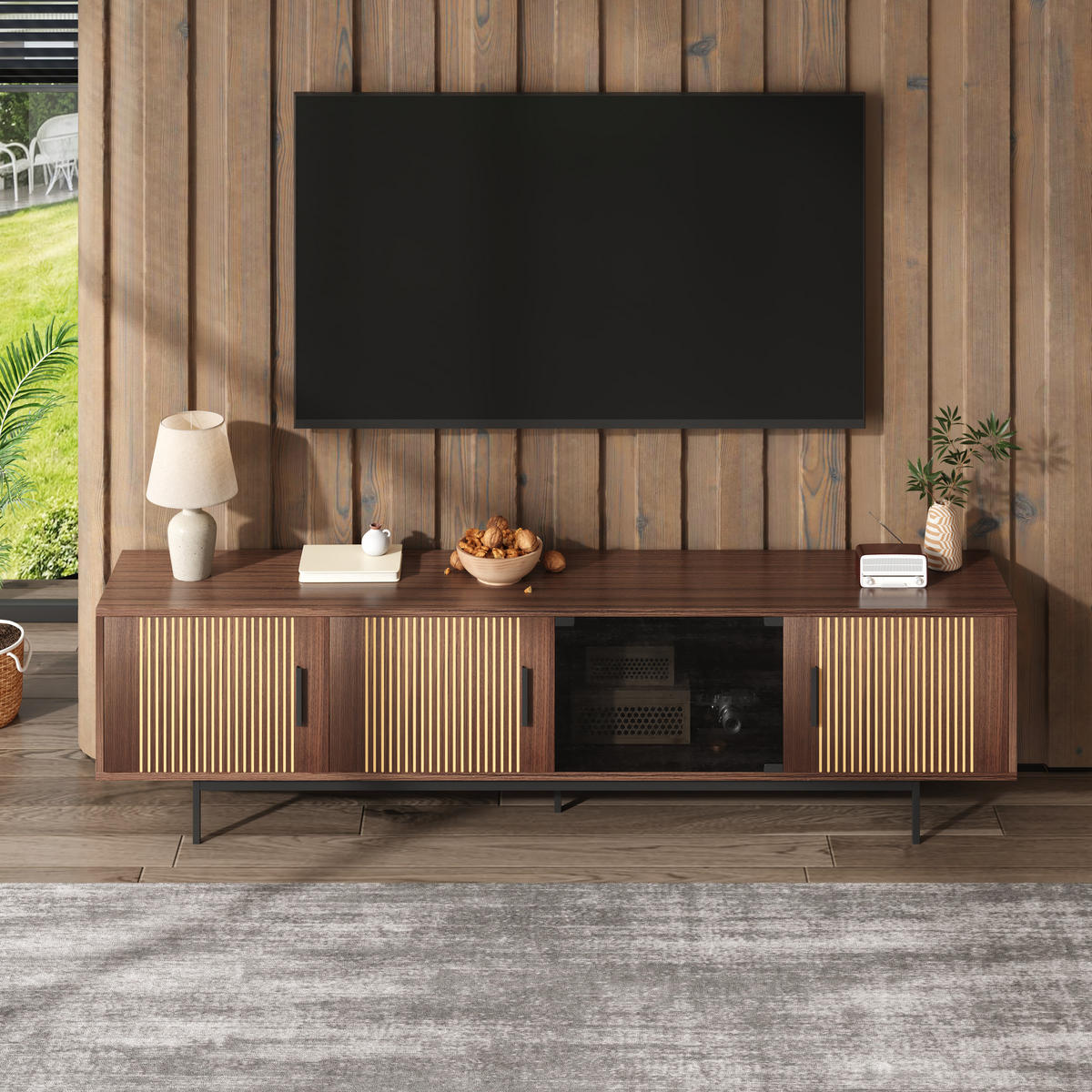 LOWBOARD TV-Schrank mit geschnitzter Textur und LED-Lichtleiste mit Glastür - Walnussfarben/Schwarz, Glas/Holzwerkstoff (200/53/35cm) - EVRYAE