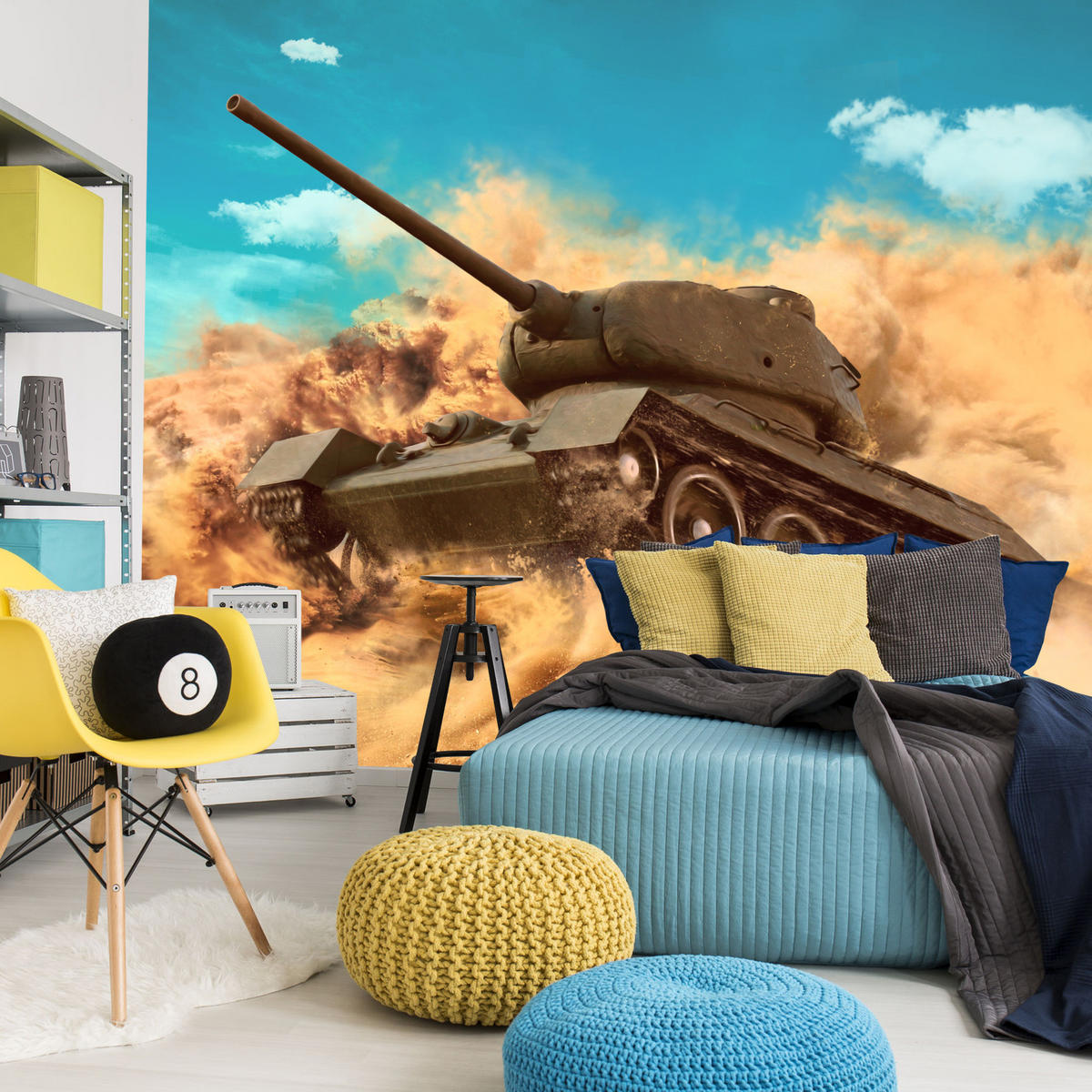 FOTOTAPETE für Jugendzimmer Kampfs Panzer Wüste Sand Dynamik 250x175 - Blau/Beige, Papier (250/175cm) - Muralo