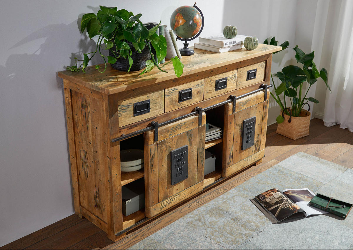 SIDEBOARD Mango 150x45x90 natur lackiert RAILWAY #120 - Naturfarben, Holz (150/90/45cm) - Massivmoebel24