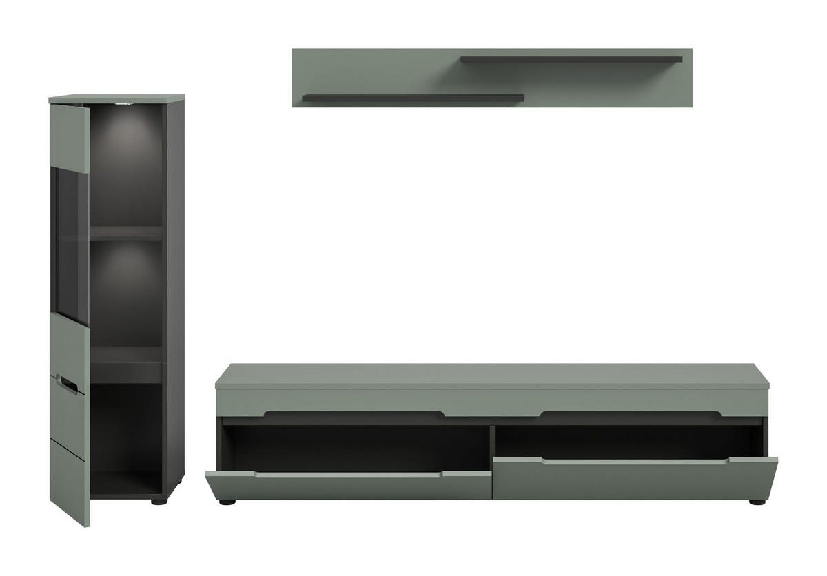 WOHNWAND inkl Beleuchtung Nova 3 tlg. (B/H/T: ca. 221/141/33 cm) in Basalt grau/Smoke Green - Grau, Holzwerkstoff (221/141/33cm)