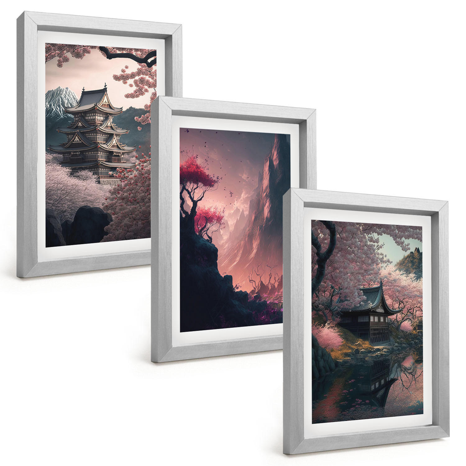 BILDER SET 3er Set - 20x30 cm Silberner Rahmen - Fantasielandschaften der japanischen Berge - Silberfarben, Kunststoff (20/30cm) - TULUP