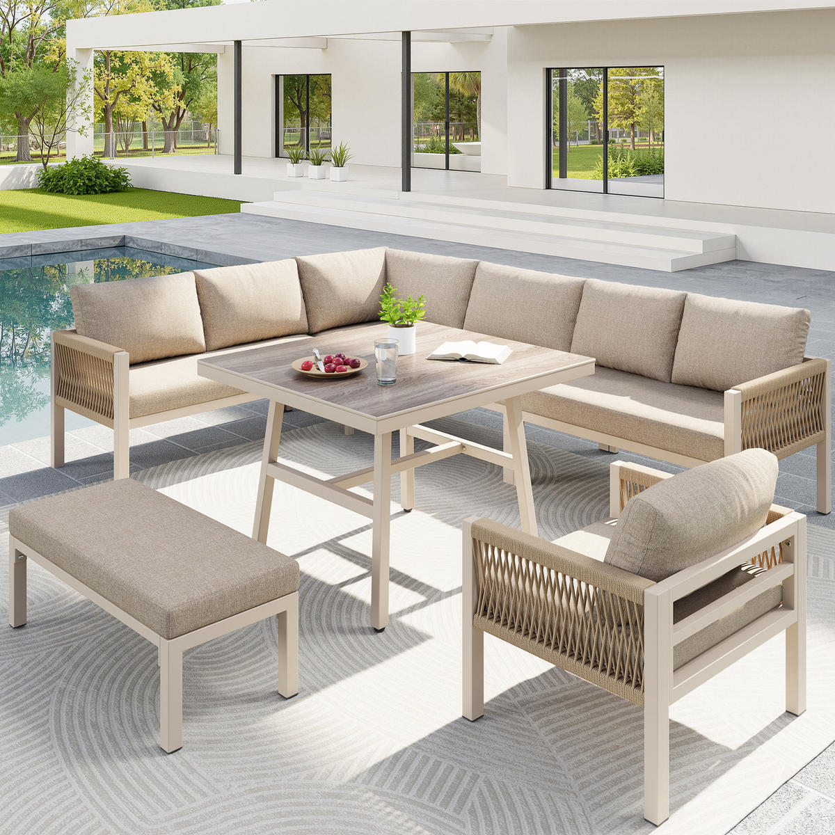 GARTENSET L-Form 8 Personen Beige Inkl. Tisch & 1 Sessel - Beige, Metall - FLIEKS
