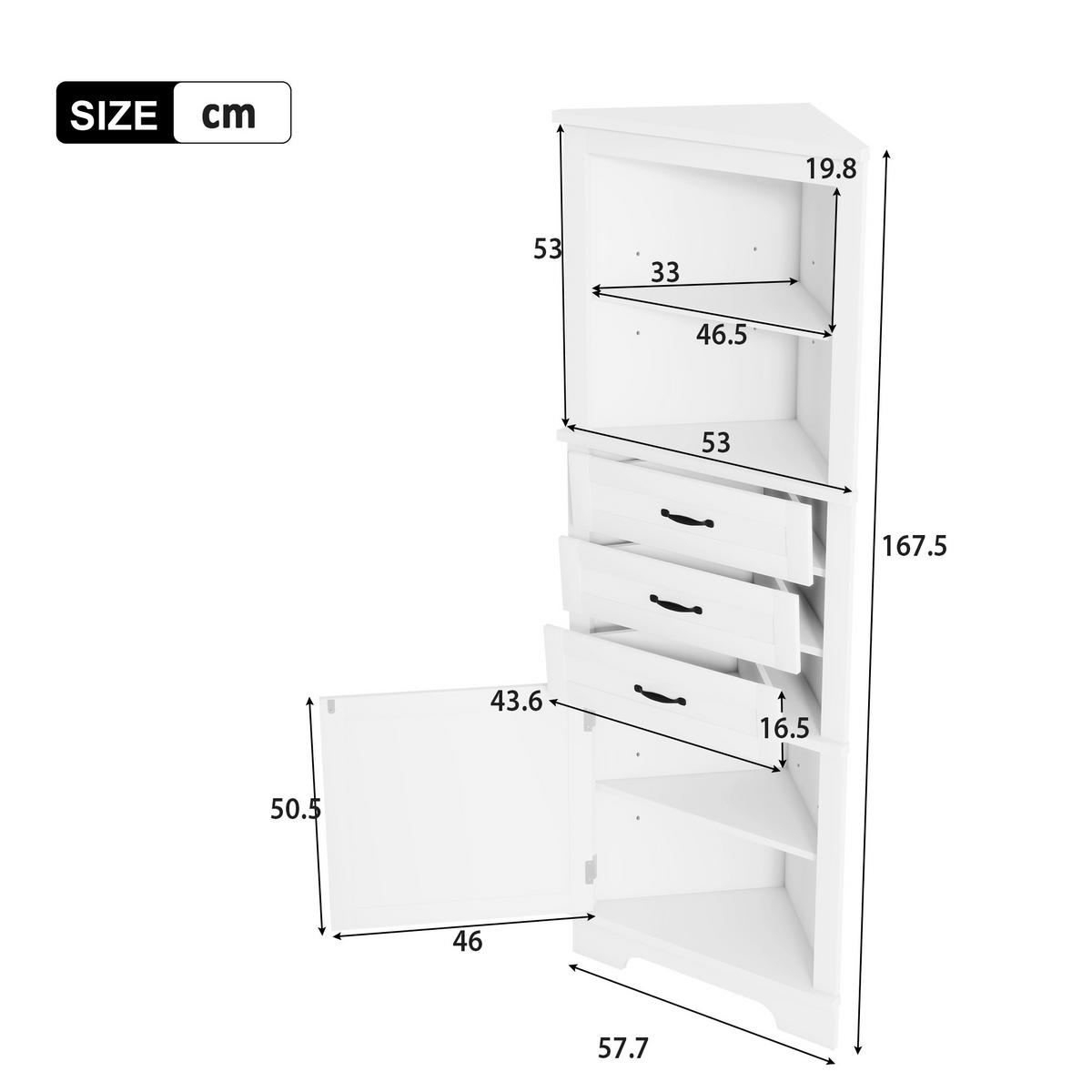 ECKSCHRANK BADEZIMMER Weiß mit 3 Schubladen & offenen Fächern - Weiß, Holzwerkstoff (57.7/167.5/46cm) - Urban Meuble