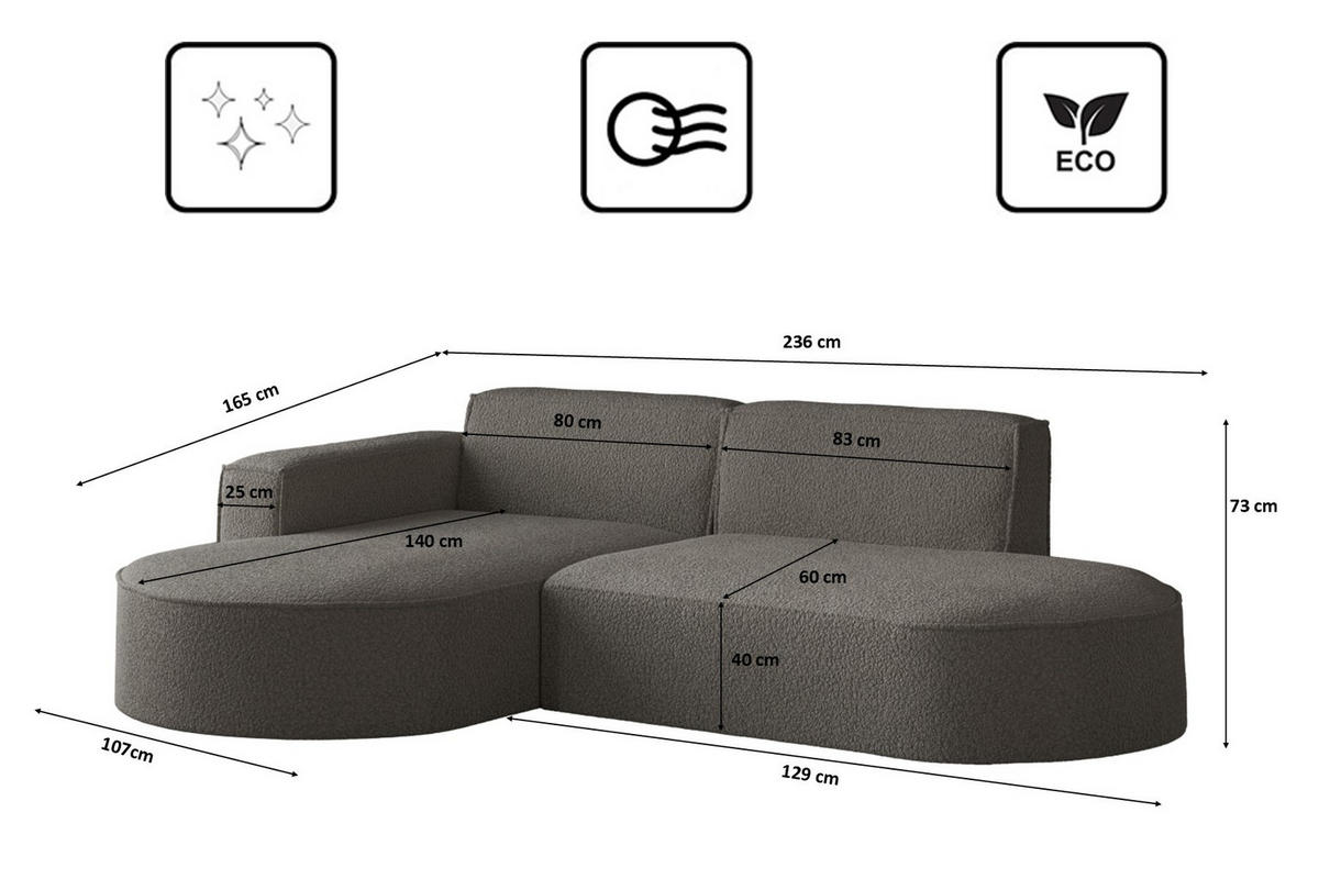 ECKSOFA Modena Studio, Stoff Quelle, Graphit Links - Graphitfarben, Holz (165/236cm) - Kaiser Möbel