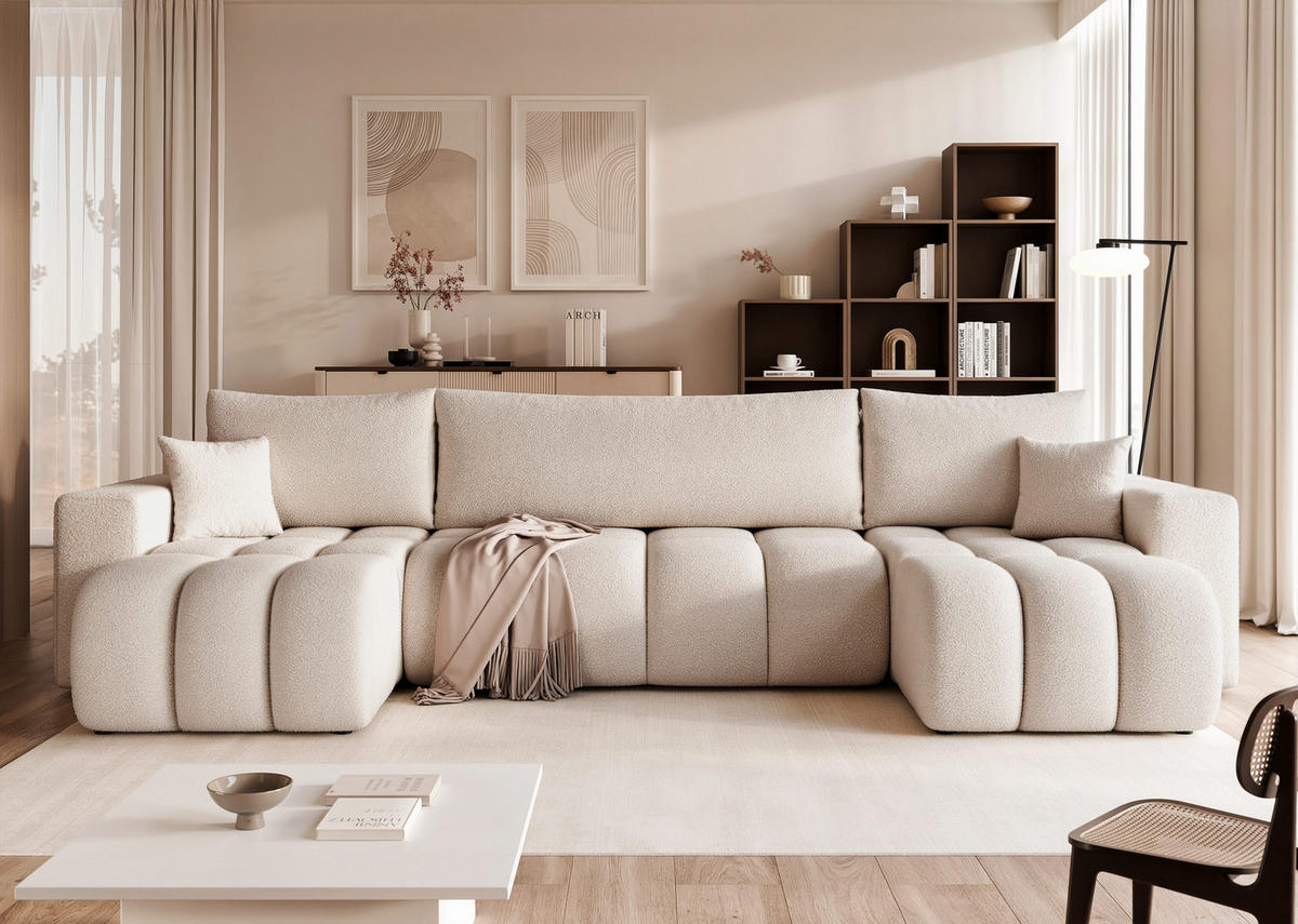 WOHNLANDSCHAFT OFI mit Schlaffunktion und Bettkasten Beige-Grau - Greige, Holzwerkstoff/Kunststoff (318/79/145cm) - Idohome