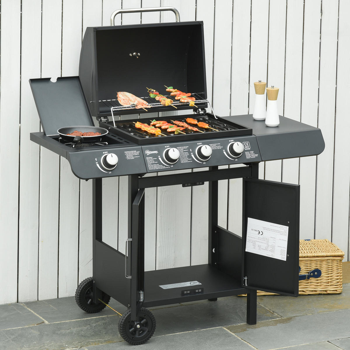 GASGRILL mit 3 Brennern 1 Seitenbrenner Stahl Schwarz 110 x 50 x 100 cm - Schwarz, Metall (50/100/110cm) - Outsunny