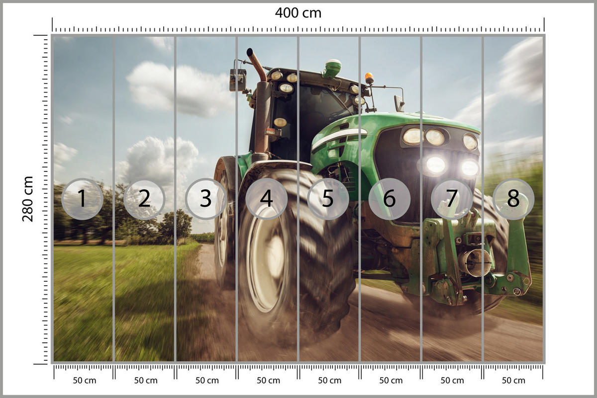 FOTOTAPETA Jazdiaci Traktor Stromy Vegetácia Poľnohospodárstvo 400 x 280 cm - čierna/biela, papier (400/280cm) - Muralo