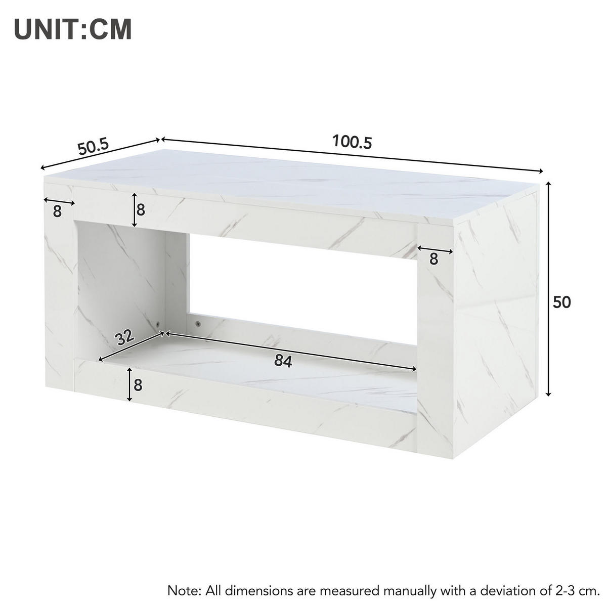 COUCHTISCH 100/50/50 cm mit USB-LED-Beleuchtung, Hochglanz und Marmordekor, Weiß - Weiß, Holzwerkstoff (100/50/50cm) - Redom