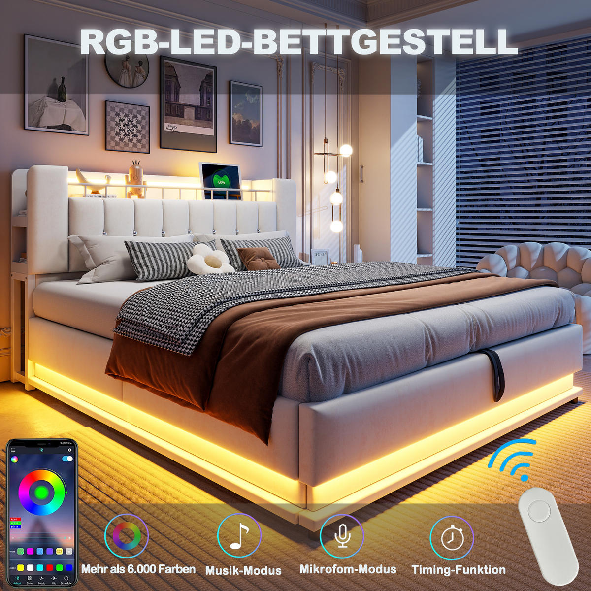 POLSTERBETT 180/200 cm Beige mit LED-Beleuchtung und Stauraum Samtbezug - Beige, Textil (180/200cm) - OKWISH