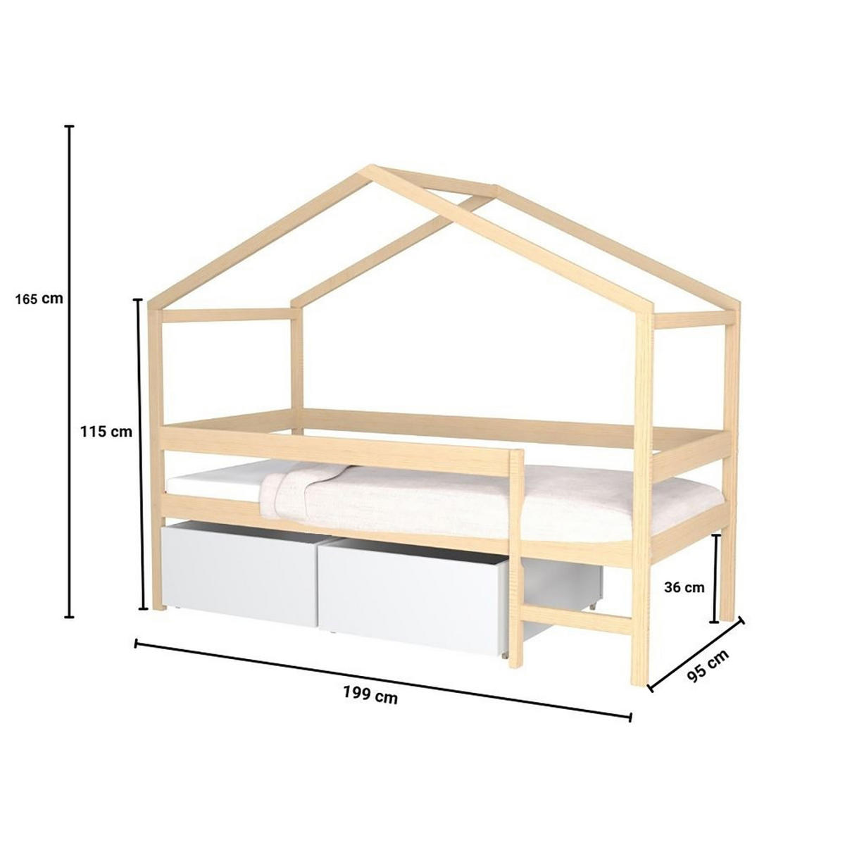 HAUSBETT MIKA mit Matratze und Schublade/ Kinderbett 90x190 - Naturfarbe & Weiß - Multicolor, Holz (90/190cm) - Weber Industries