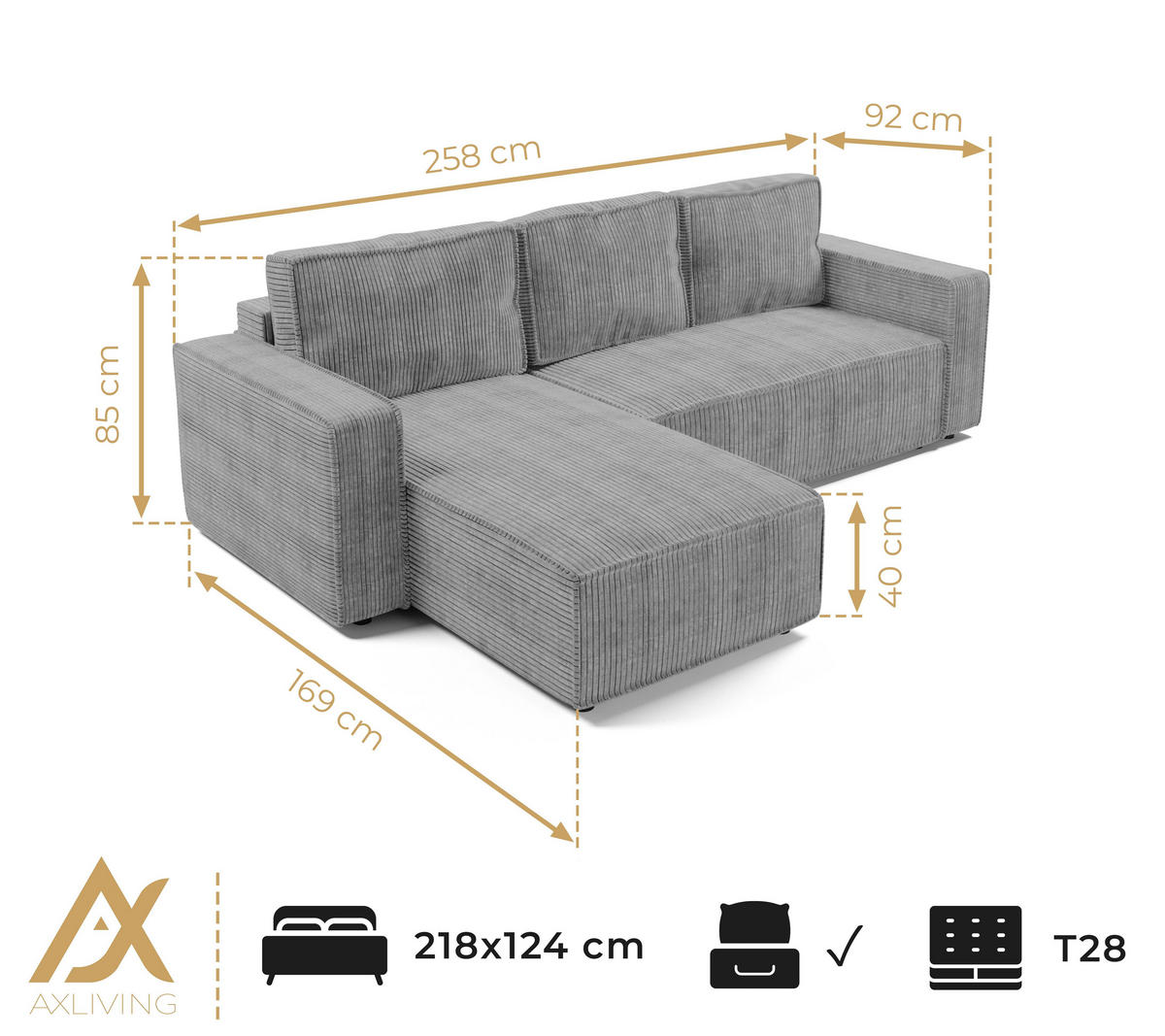 ECKSOFA L Form Aydin Dunkelgrau 258/169/85 cm Cord Universal mit Schlaffunktion - Dunkelgrau/Schwarz, Kunststoff/Textil (258/169cm) - AX Living