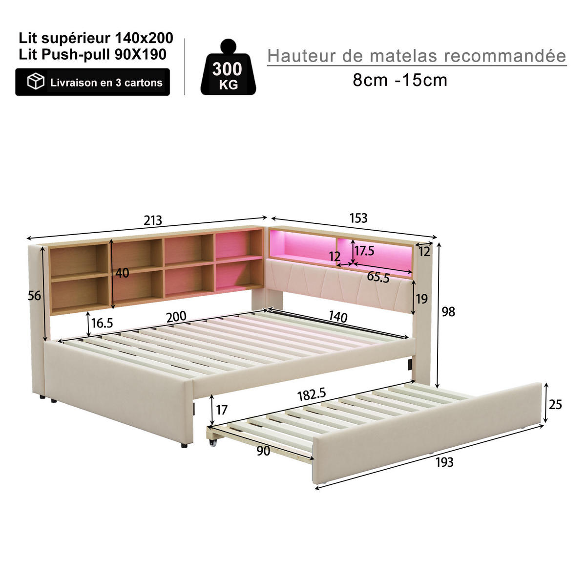 POLSTERBETT 140/200 cm aus Flanell mit LED-Leuchten, Beige - Beige, Textil (140/200cm) - OKMYHOME