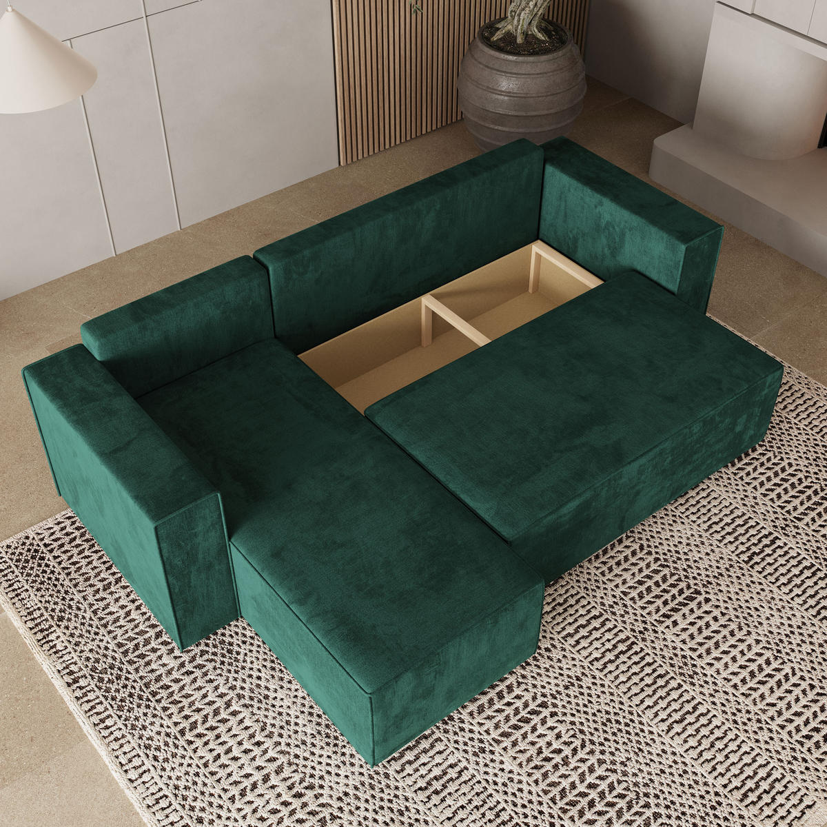 ROHOVÁ SEDAČKA RAVELO tmavě zelená - šedá/tmavě zelená, dřevo/textil (240/140cm) - MASSENO