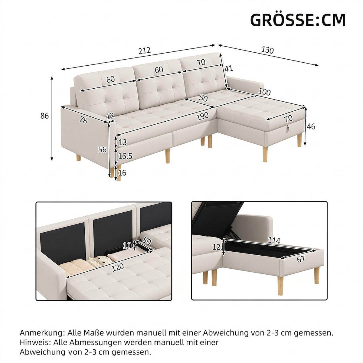 ECKSOFA 212/130/86 cm Beige mit Stauraum und wechselbare Chaiselongue - Beige, Kunststoff/Textil (212/130cm) - Oxeza