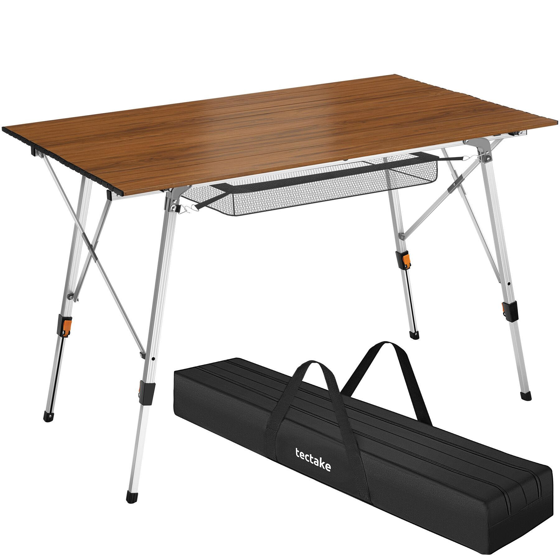 CAMPINGTISCH aus Aluminium Bastian, 120 x 70,5 x 58 – 79 cm, Holzoptik - Braun, Metall (120/70.5/79cm) - tectake
