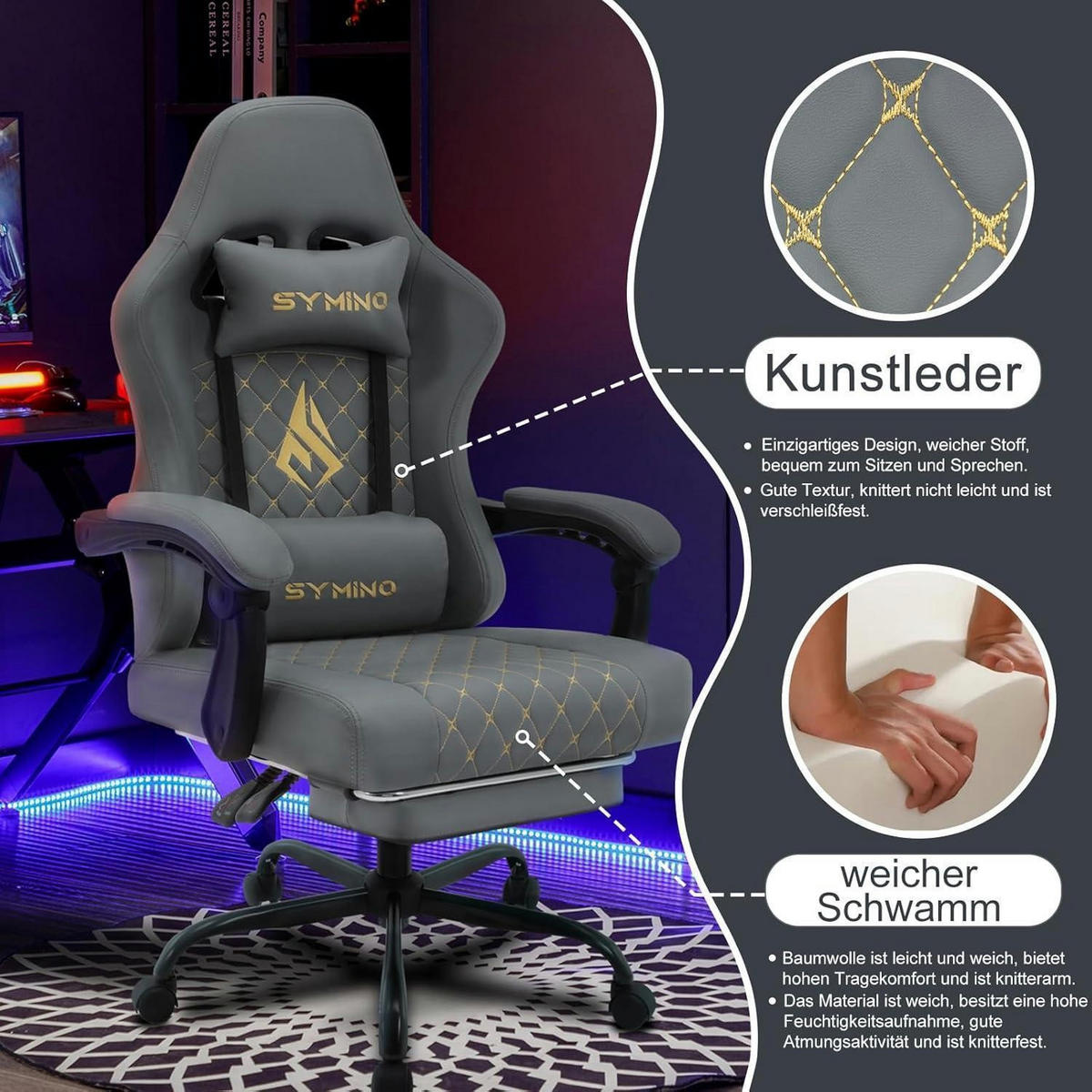 GAMING Stuhl im Racing Style mit Fußstütze, grau - Grau, Kunststoff (57/25/85cm)