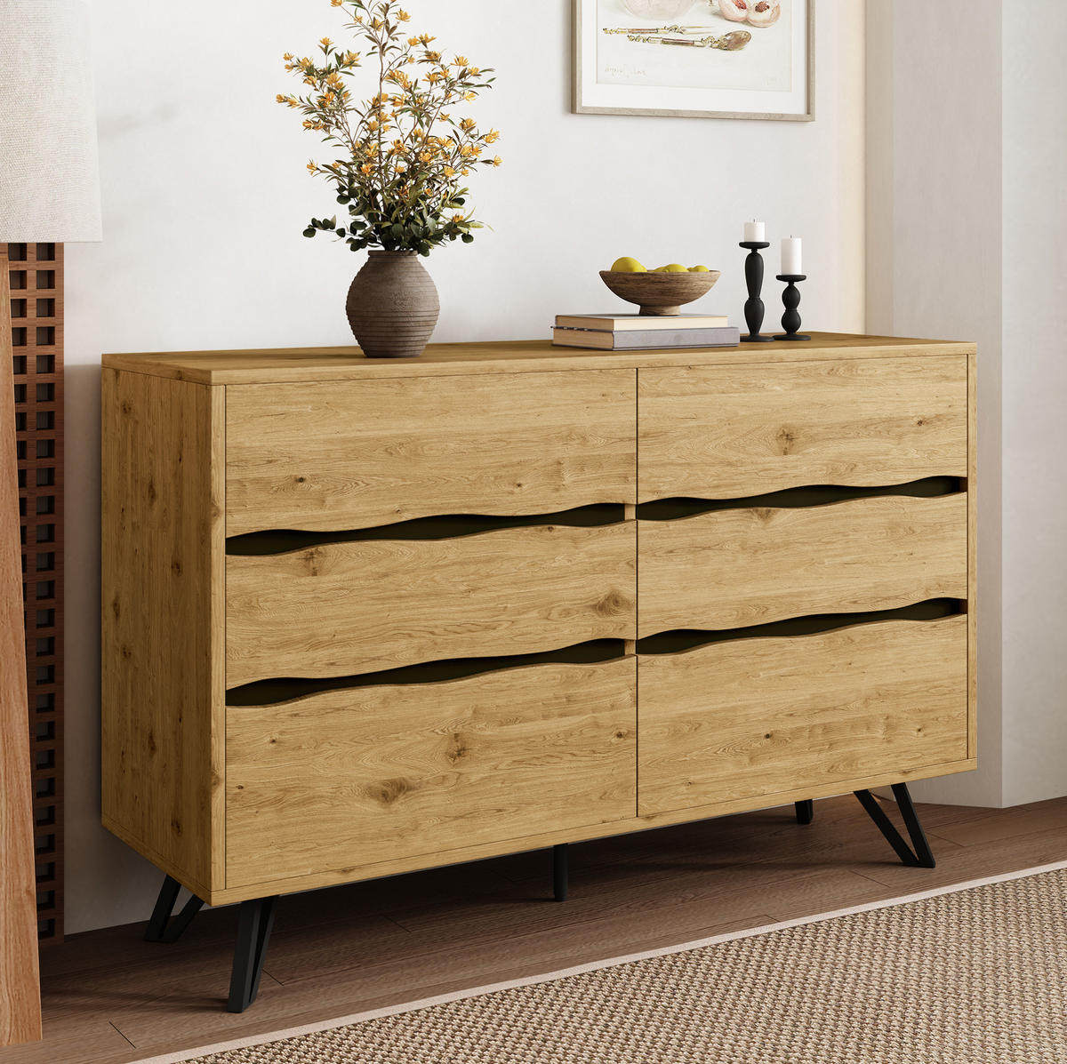 KOMMODE aus Spanplatte 120x40x75,5cm in Holzoptik mit 6 Schubladen - Naturfarben, Holzwerkstoff (120/75.5/40cm) - Modfu