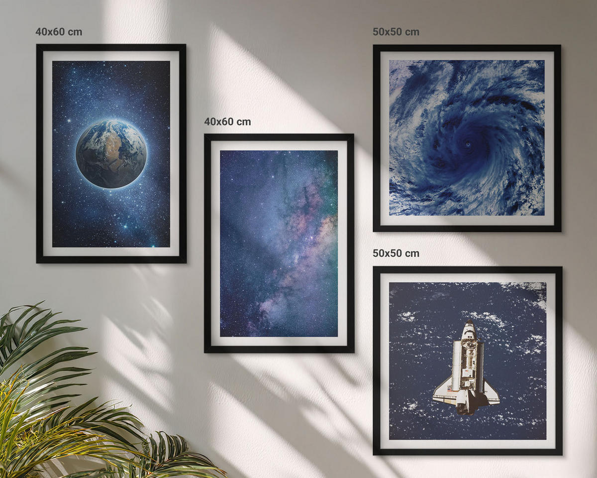 WANDBILDER 4er-Set - 50x50 cm & 40x60 cm Schwarzer Rahmen - Erde Weltraumsturm Galaxie - Schwarz, Kunststoff (50/50cm) - ArtPrintCave