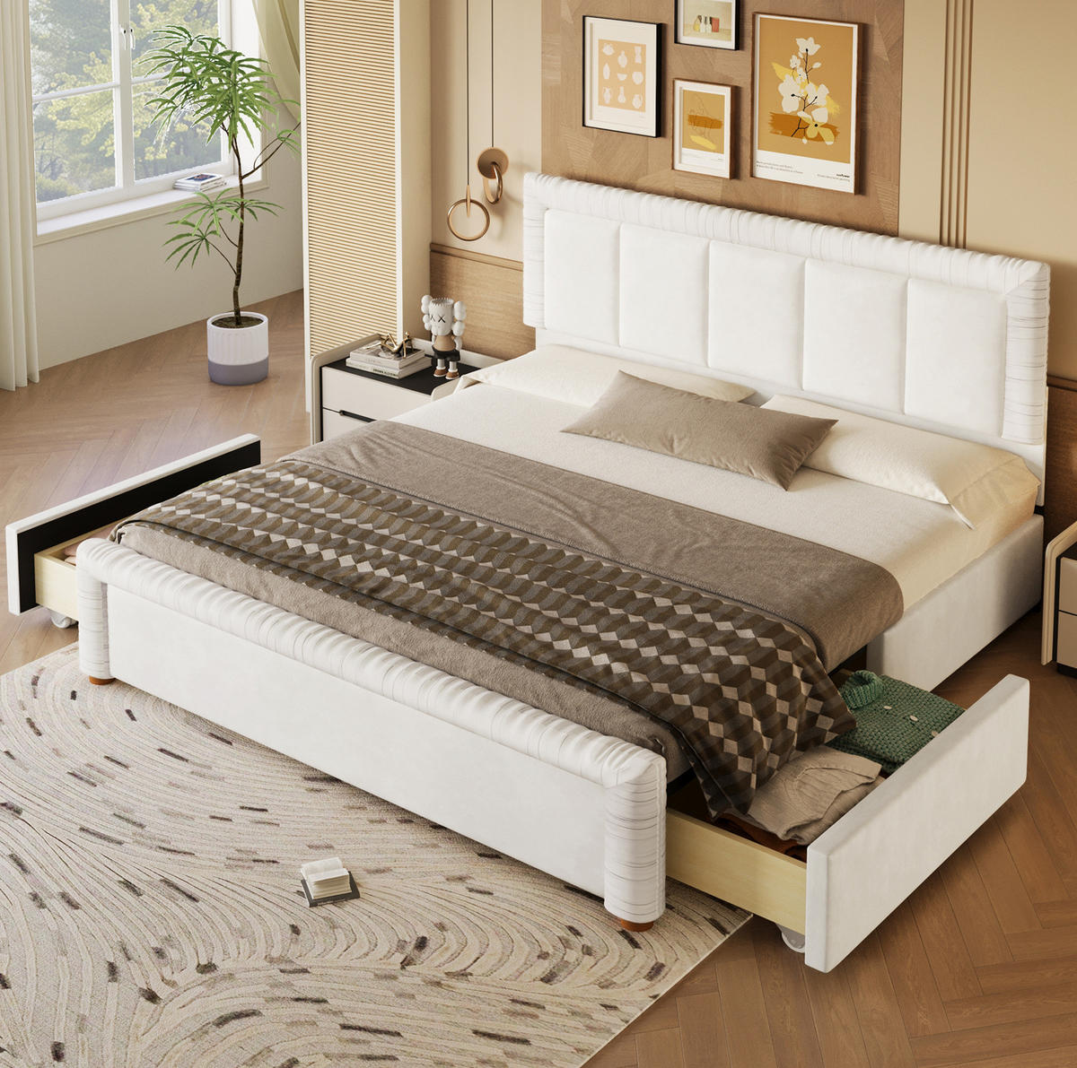 POLSTERBETT aus französischem Samt 180x200 cm Beige mit 2 Schubladen - Beige, Textil (180/200cm) - Modfu