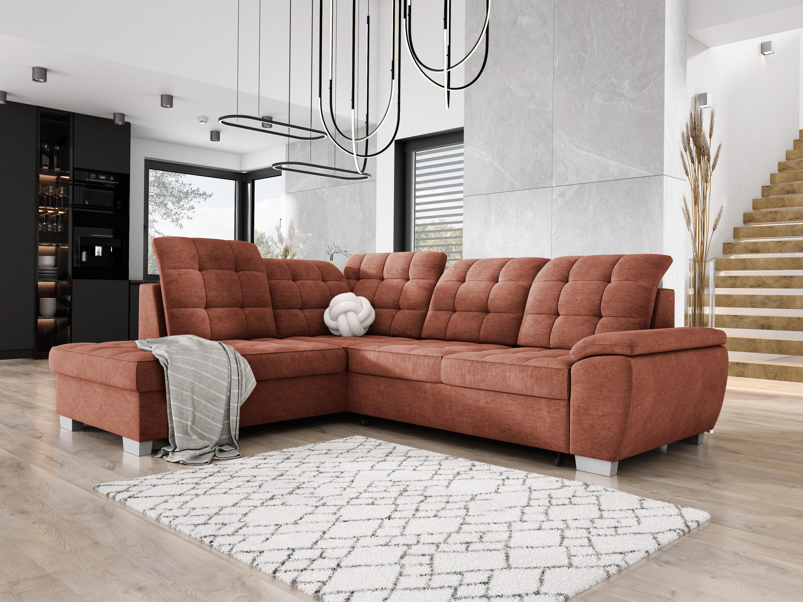 ECKSOFA LOTTA L-förmig Bettkasten verstellbare Kopfstützen hochwertige Verarbeitung lose Rückenkissen freistehend LINKS 212x258x106 cm Dark orange - Dunkelorange, Holz/Textil (212/258cm) - DomoHome