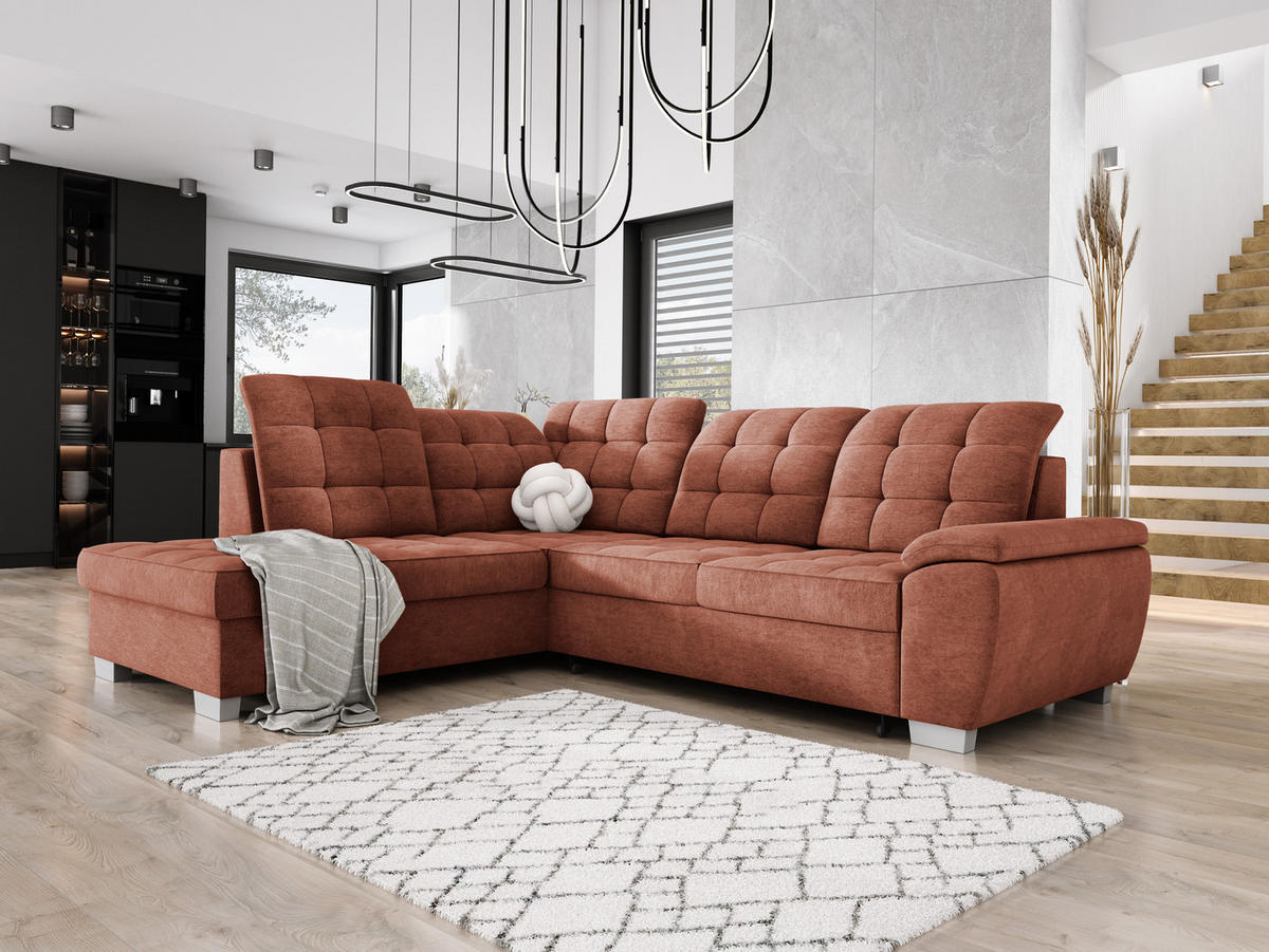 ECKSOFA LOTTA L-förmig Bettkasten verstellbare Kopfstützen hochwertige Verarbeitung lose Rückenkissen freistehend LINKS 212x258x106 cm Dark orange - Dunkelorange, Holz/Textil (212/258cm) - DomoHome