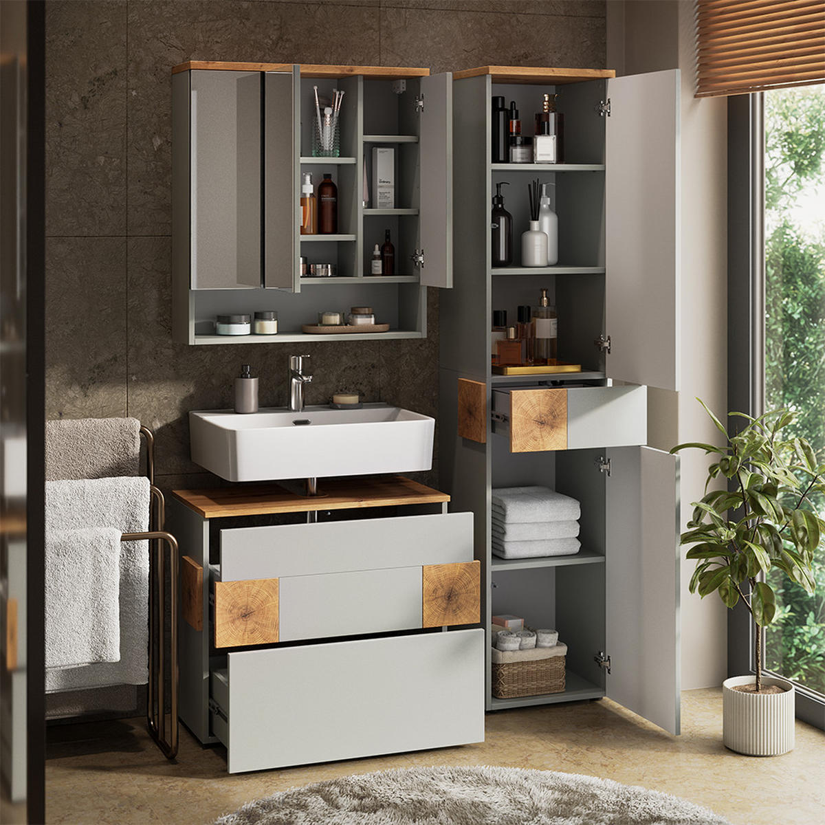 BADMÖBEL-SET Eden Grau/Artisan 3 Teile - Grau, Holzwerkstoff (70/64.5/37cm) - Vicco