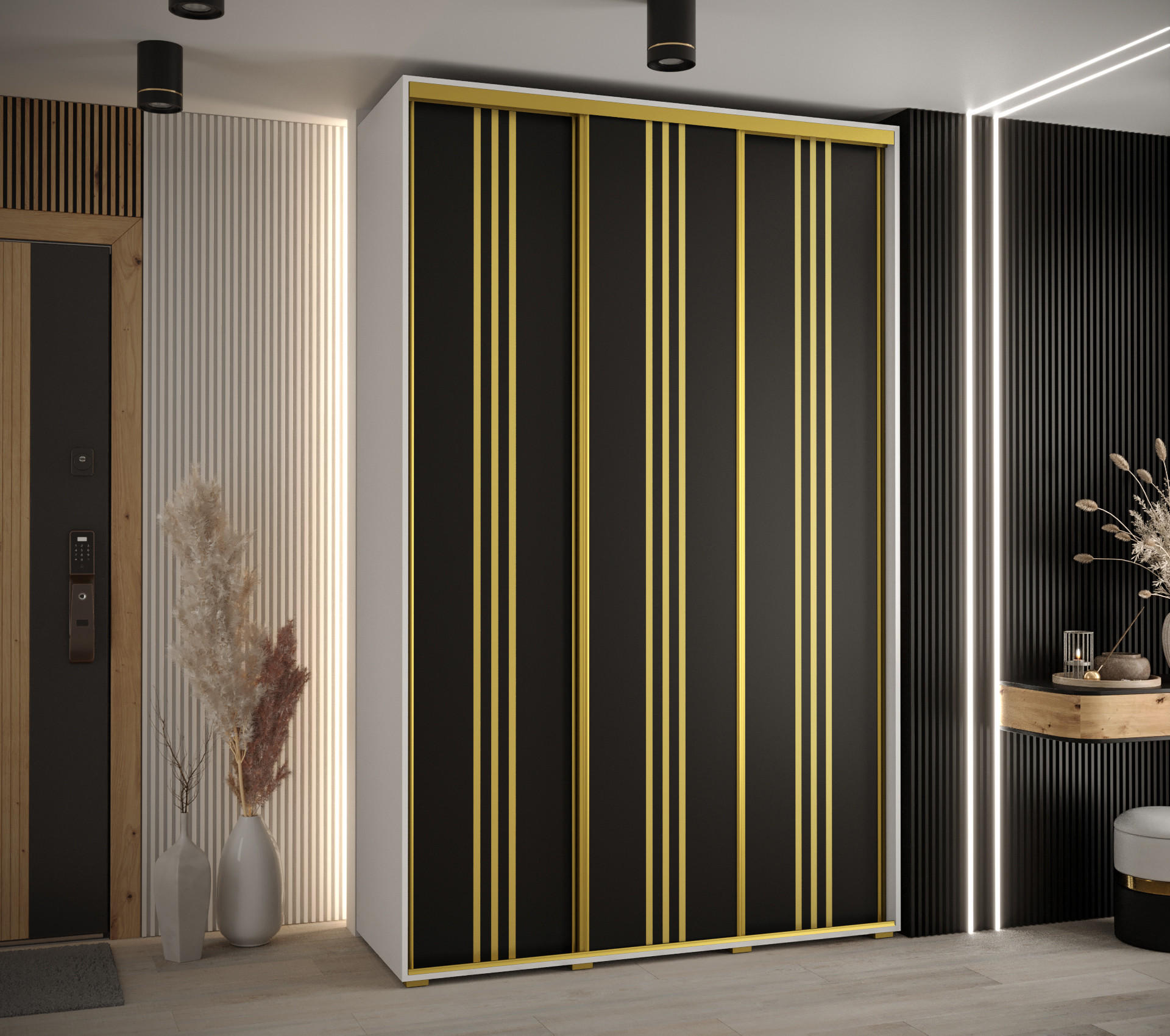 SCHWEBETÜRENSCHRANK 235,2/160/45 3-türig - Goldfarben/Schwarz, Holz/Metall (160/235/45cm) - Abiks Möbel