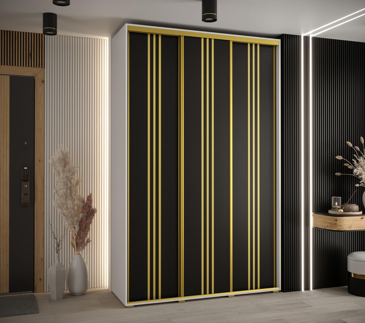 SCHWEBETÜRENSCHRANK 235,2/150/45 3-türig - Goldfarben/Schwarz, Holz/Metall (150/235/45cm) - Abiks Möbel