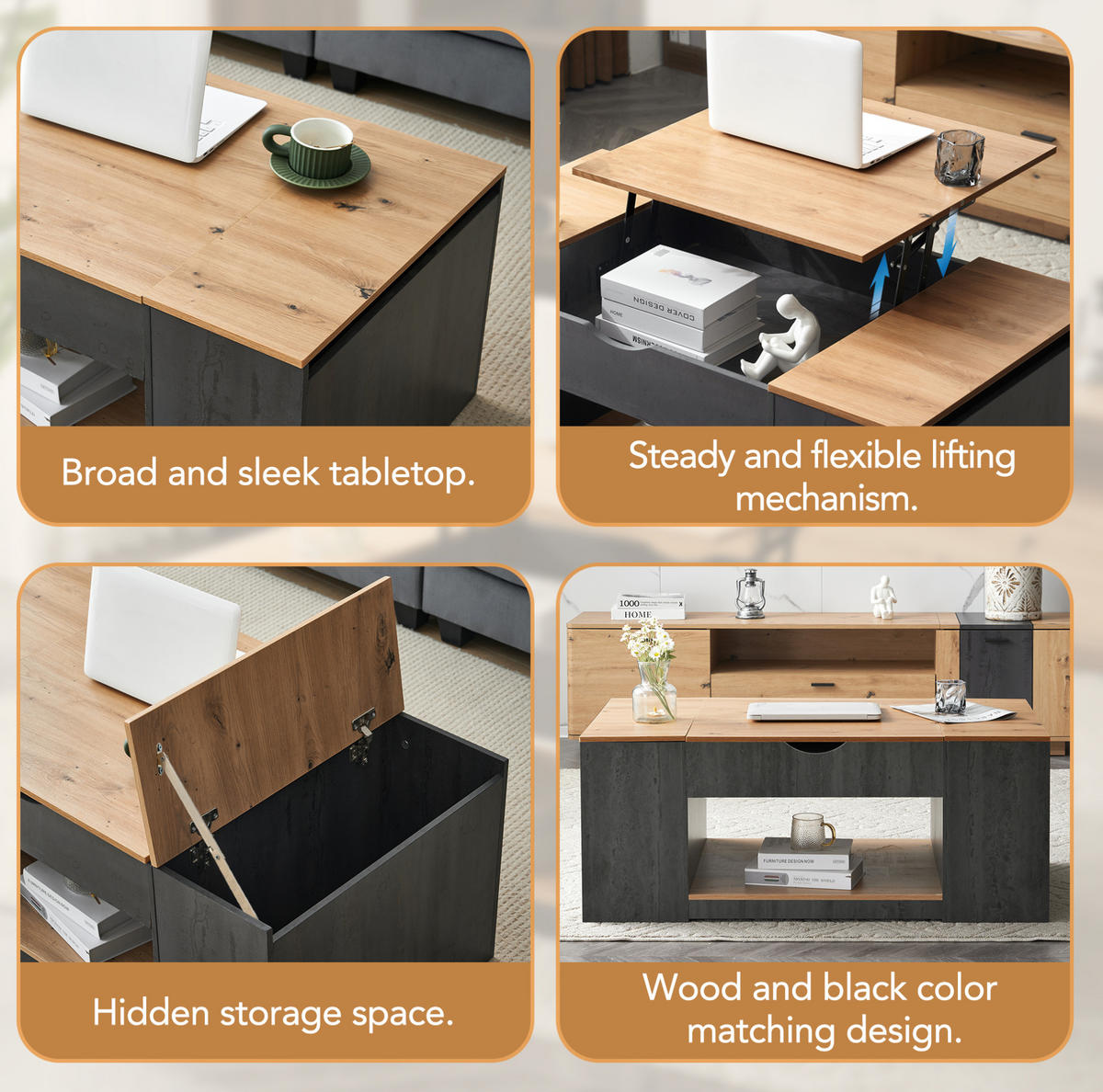 COUCHTISCH 109.5/59.7/43 cm in Grau/Braun aus MDF mit Liftfunktion und Stauraum - Grau, Holzwerkstoff (109.5/59.7/43cm) - OKMYHOME