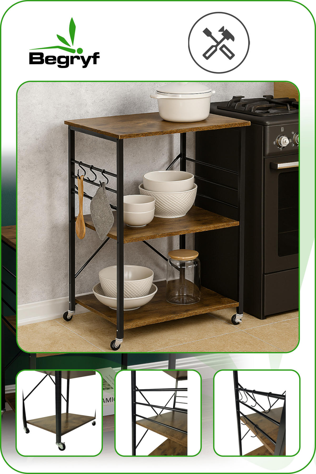 KÜCHENREGAL Holzoptik Metall Dunkelbraun Schwarz mit Rollen 60×40×90 cm - Dunkelbraun/Schwarz, Holzwerkstoff/Metall (40/90/60cm) - Begryf