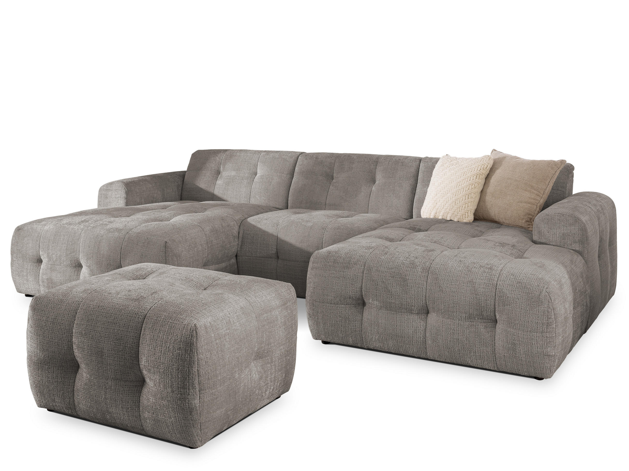 WOHNLANDSCHAFT inkl. Hocker Kozy im Bumpy-Design mit Schlaffunktion und fester Rückenlehne aus weichem Taupe Chenille-Stoff - Taupe/Schwarz, Holz/Kunststoff (323/79/161cm) - S-Style Möbel