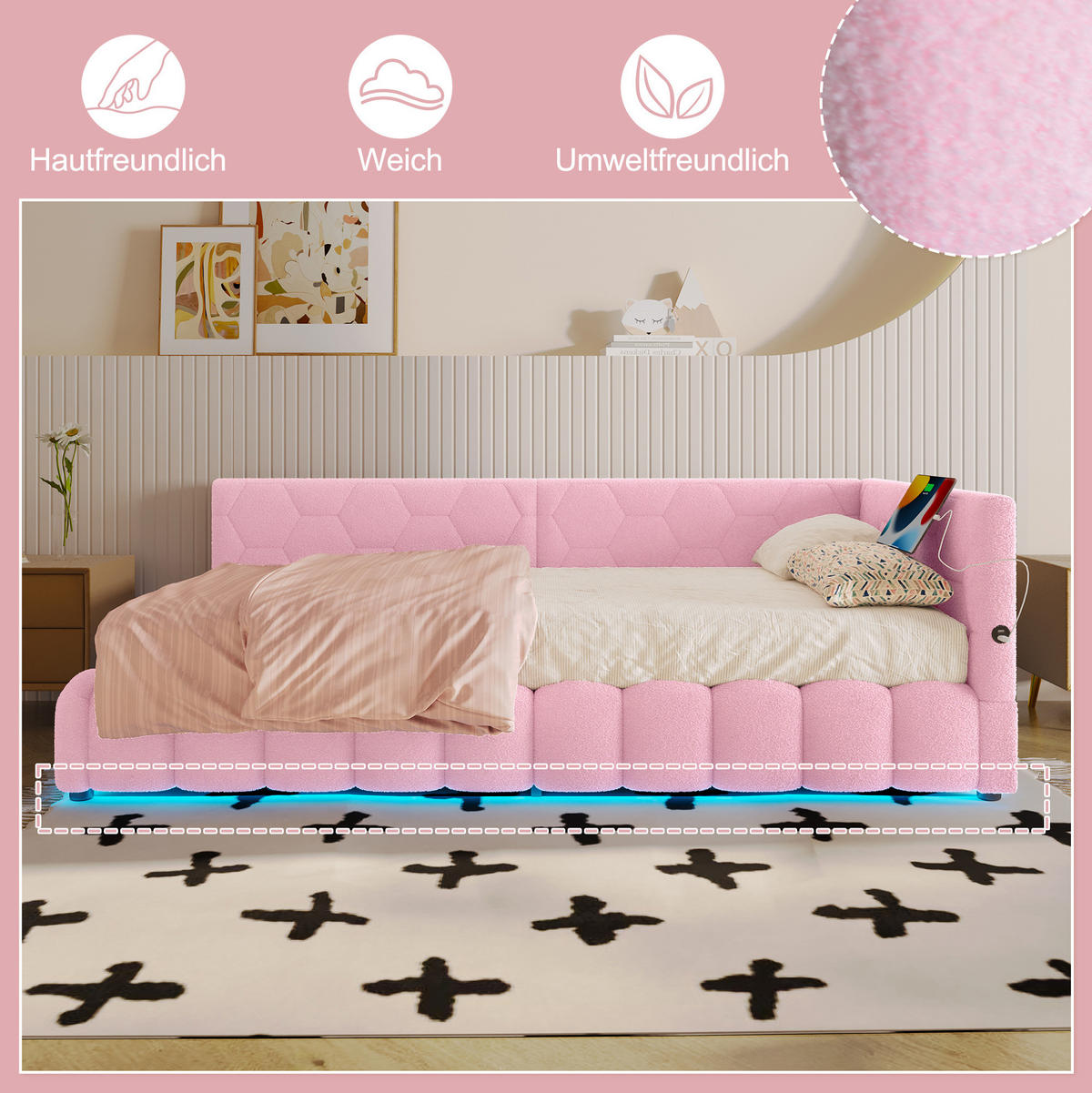 POLSTERBETT 90/200 cm Rosa mit Stauraum mit LED-Beleuchtung mit USB- und Type-C-Anschlüssen - Rosa, Textil (90/200cm) - OKWISH