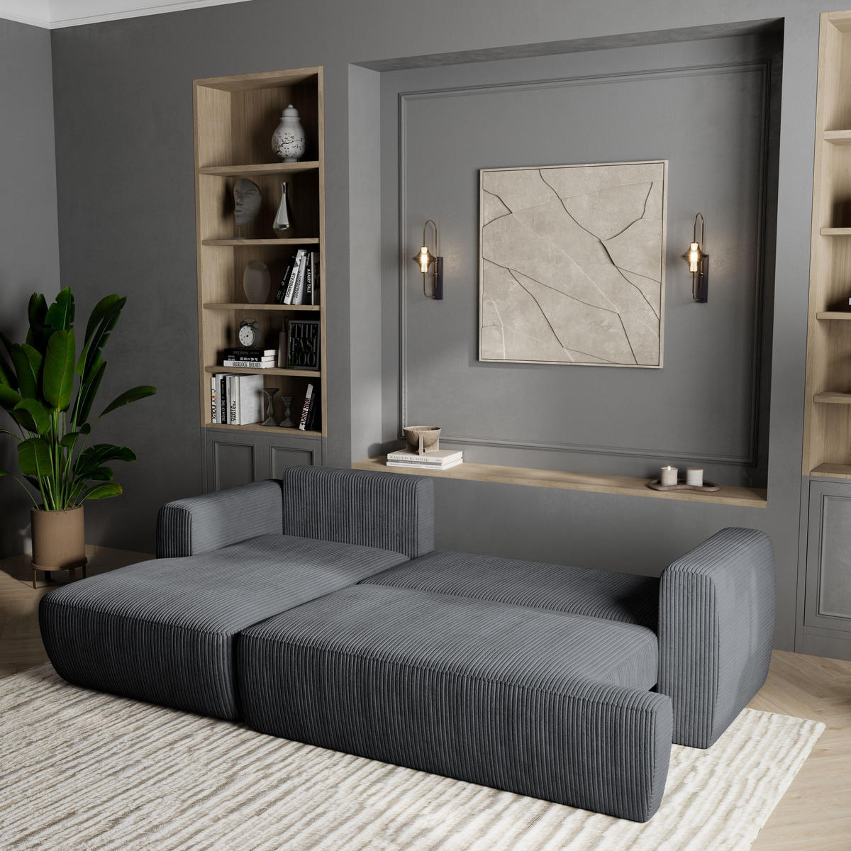 ECKSOFA SENTI P L-S Grau Kordstoff mit Schlaffunktion - Grau, Holz (246/148cm) - MASSENO