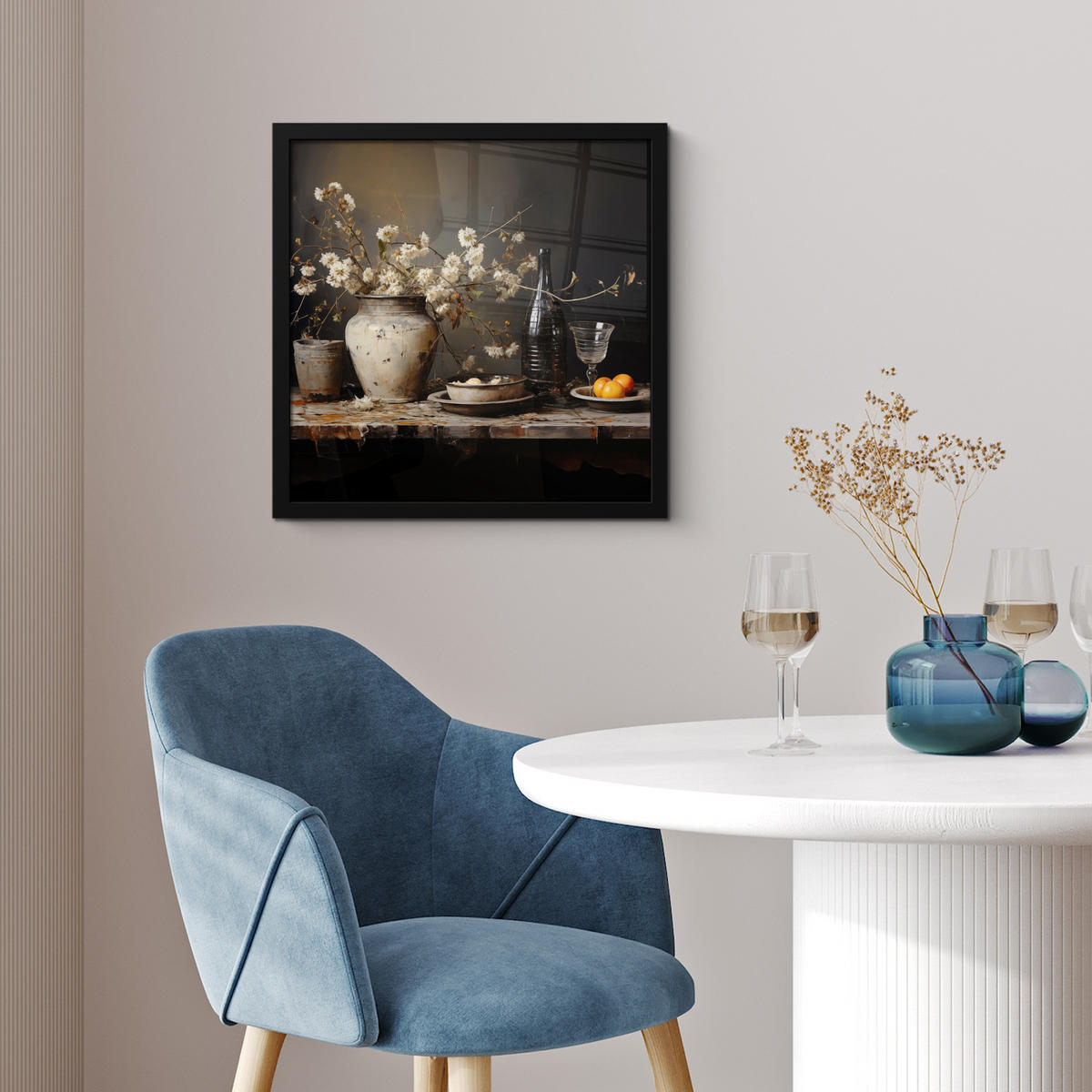 POSTER MIT RAHMEN Stilleben - Blumen - Blumenstrauß - Vase - Wein 40x40 cm - Schwarz, Papier (40/40cm) - MuchoWow