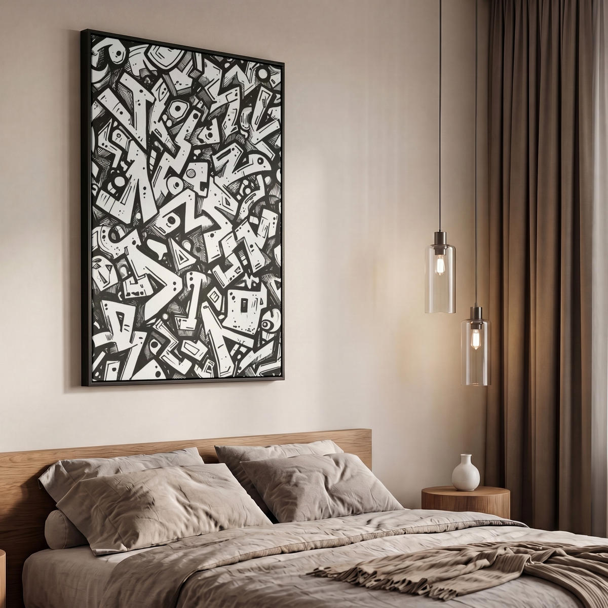 LEINWAND Bilder mit Rahmen - Formen - Buchstaben - Graffiti - Schwarz - 60x90 - Schwarz, Textil (60/90cm) - MuchoWow