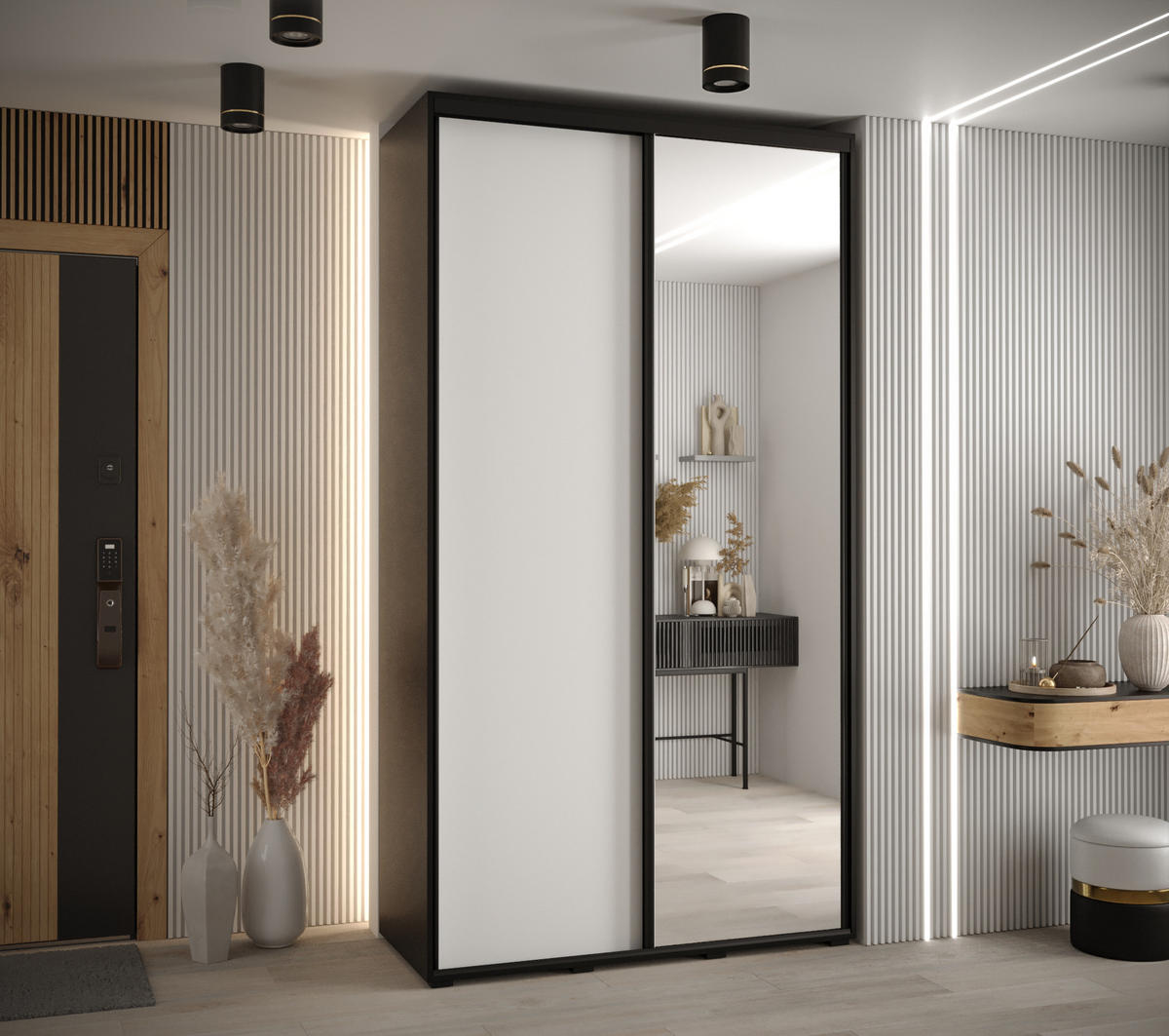 SCHWEBETÜRENSCHRANK 235,2/130/60 2-türig - Schwarz/Weiß, Holz/Metall (130/235/60cm) - Abiks Möbel