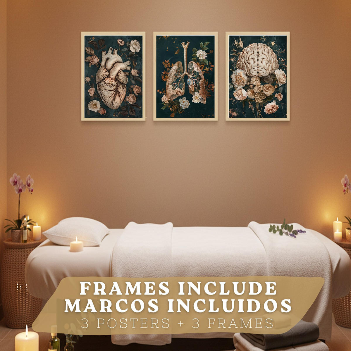 POSTER Set aus 3 Anatomie Drucke und Dekorative Wandbilder mit Herz Gehirn Lungen Atmungssystem Florales Grün Gold Design Größe Leichter Holzrahmen A3 - Beige, Papier (29.7/42/3cm) - Nacnic